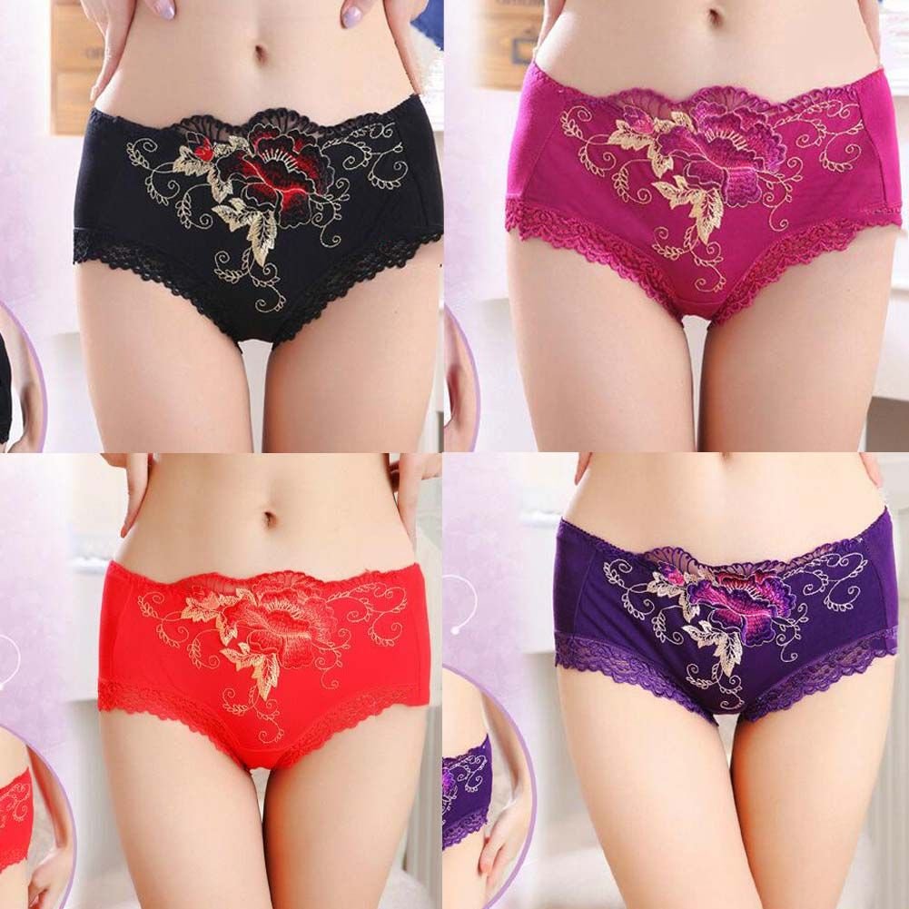 4 Pcs Womens Lace Stretch Sexy Bikini Panties Peony Embroidery Full Briefs Underwear,Red Black Purple Fuchsia - DelightsDownSouth