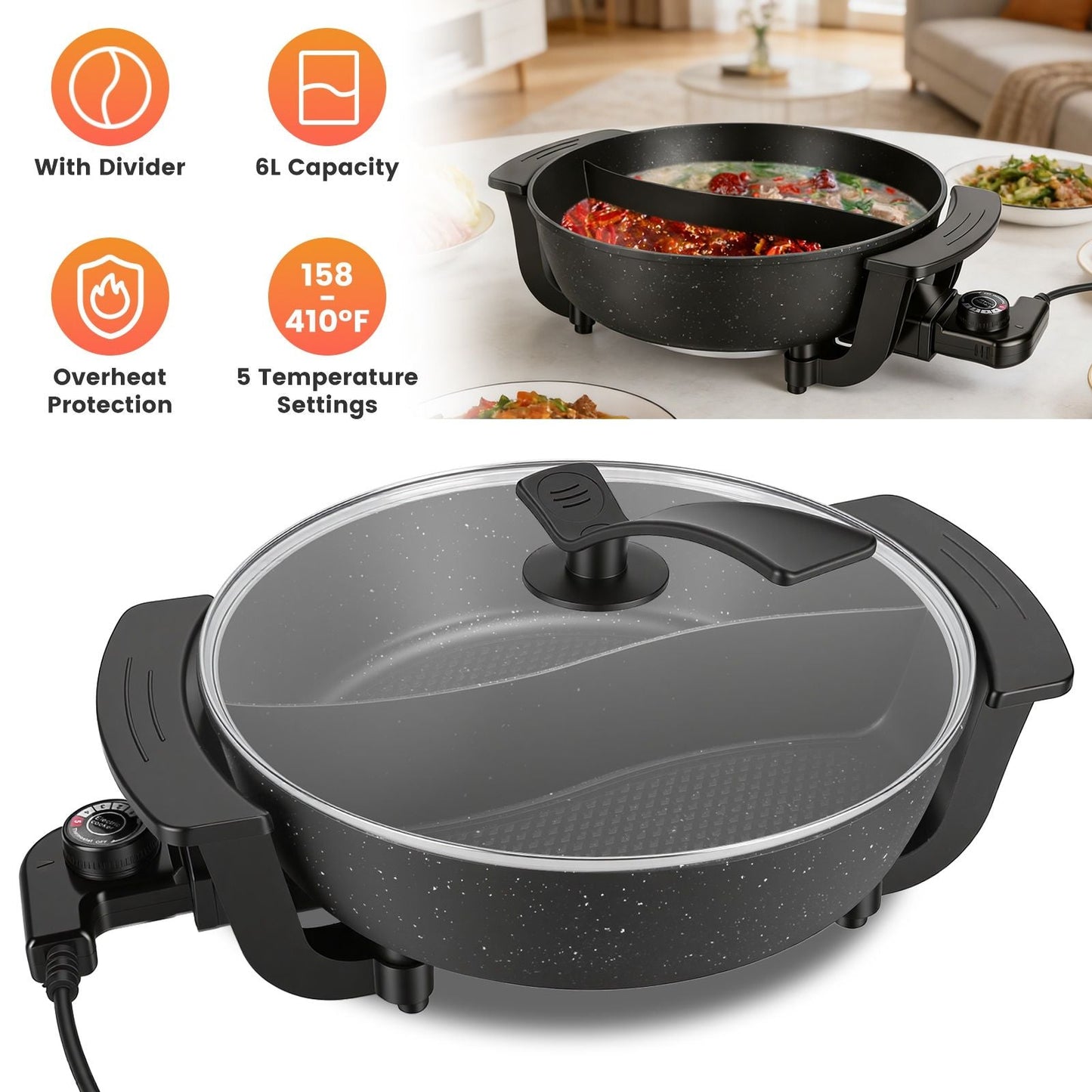 6L Large Capacity Electric Hot Pot with Divider, 5 Gear Adjustable Temperature Non - Stick Electric Cooker, Multifunctional Fondue Pot for 3 - 6 People with Cooking Tools - DelightsDownSouth