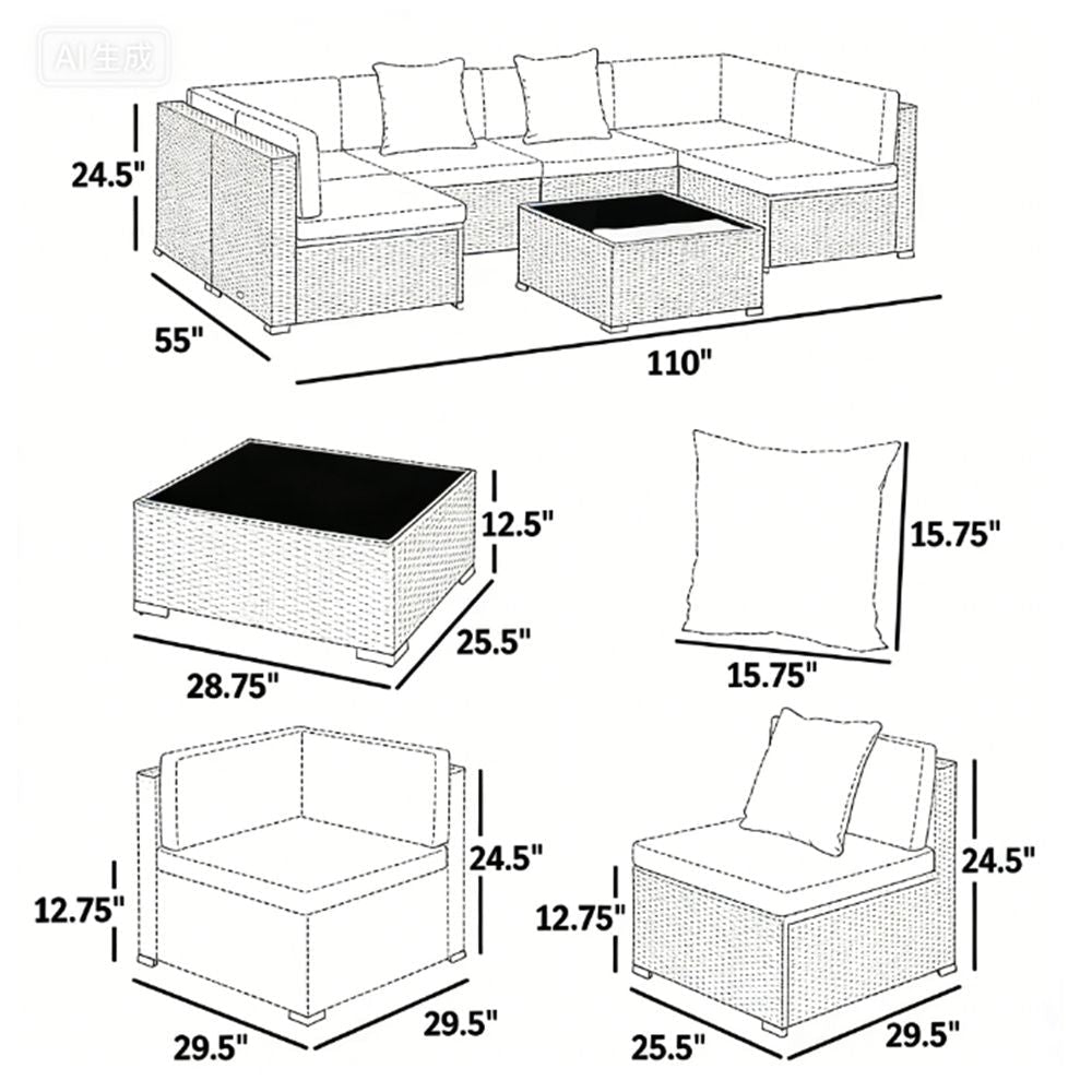 7 - piece courtyard furniture set, outdoor segmented sofa set, garden set, dark blue - DelightsDownSouth