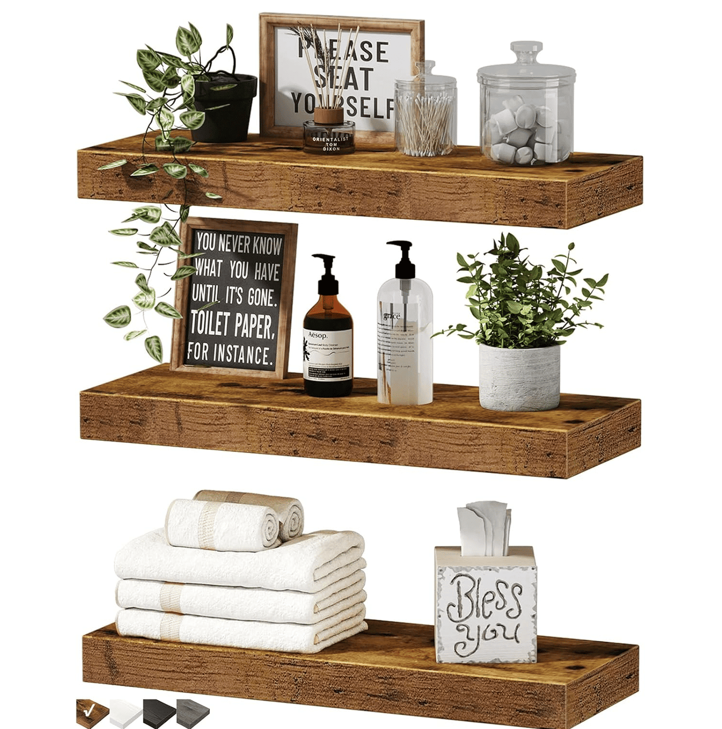 Floating Shelves for Wall Bathroom Shelf Bedroom Kitchen Living Room Hanging Book Shelves Small Farmhouse Decor 16 inch Set of 3, Rustic Brown - DelightsDownSouth
