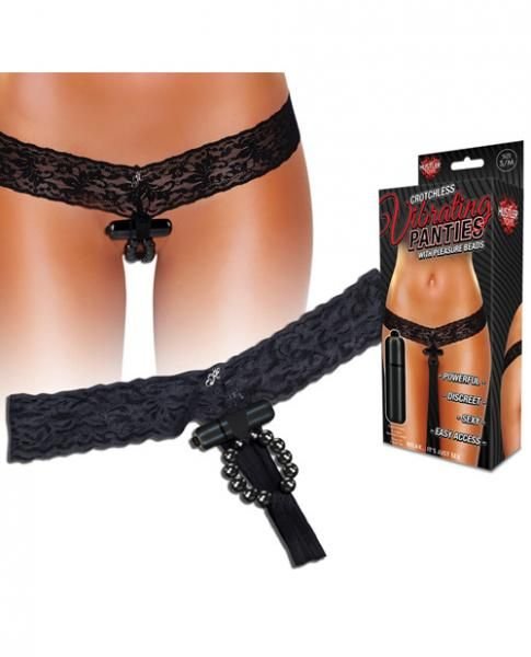 Hustler Crotchless Vibrating Lace Panties Beads Black M/L - DelightsDownSouth