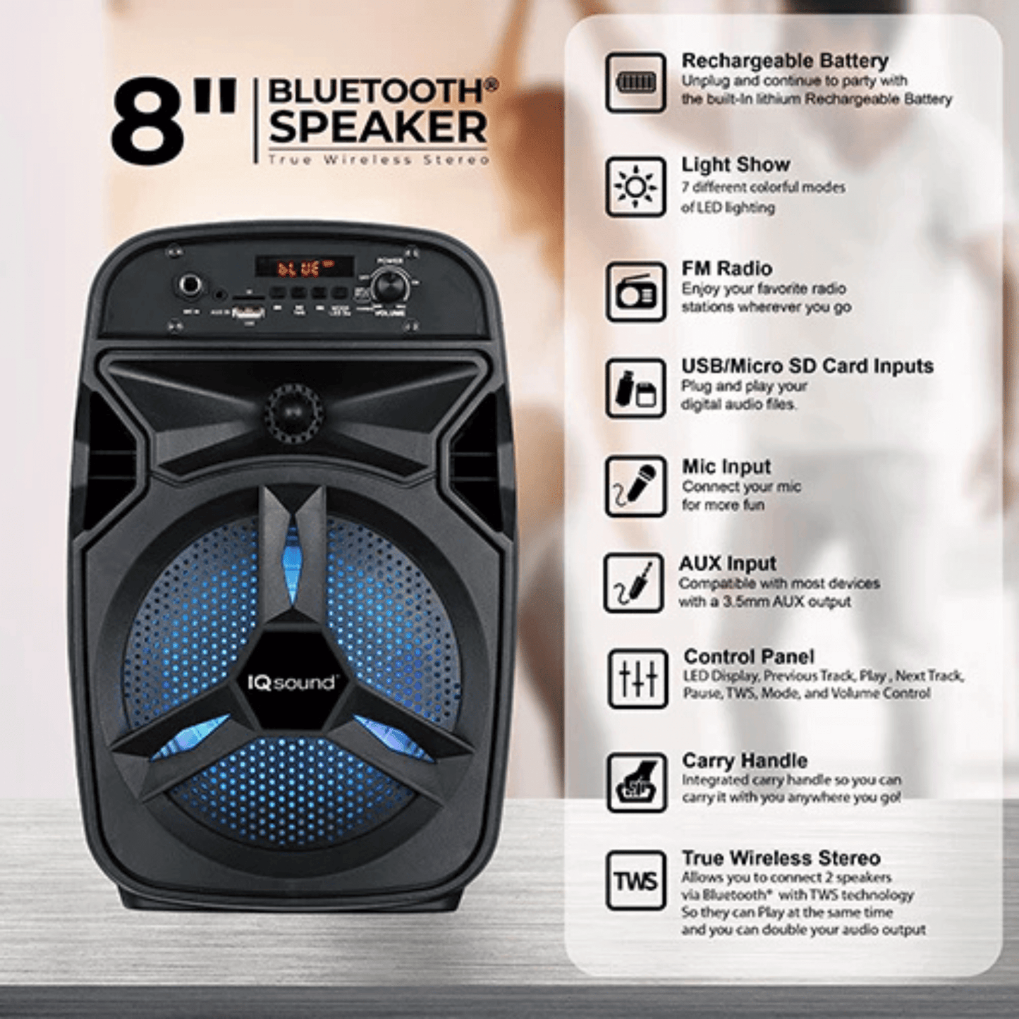 IQ Sound 8 - Inch Portable Bluetooth TWS Speaker - DelightsDownSouth