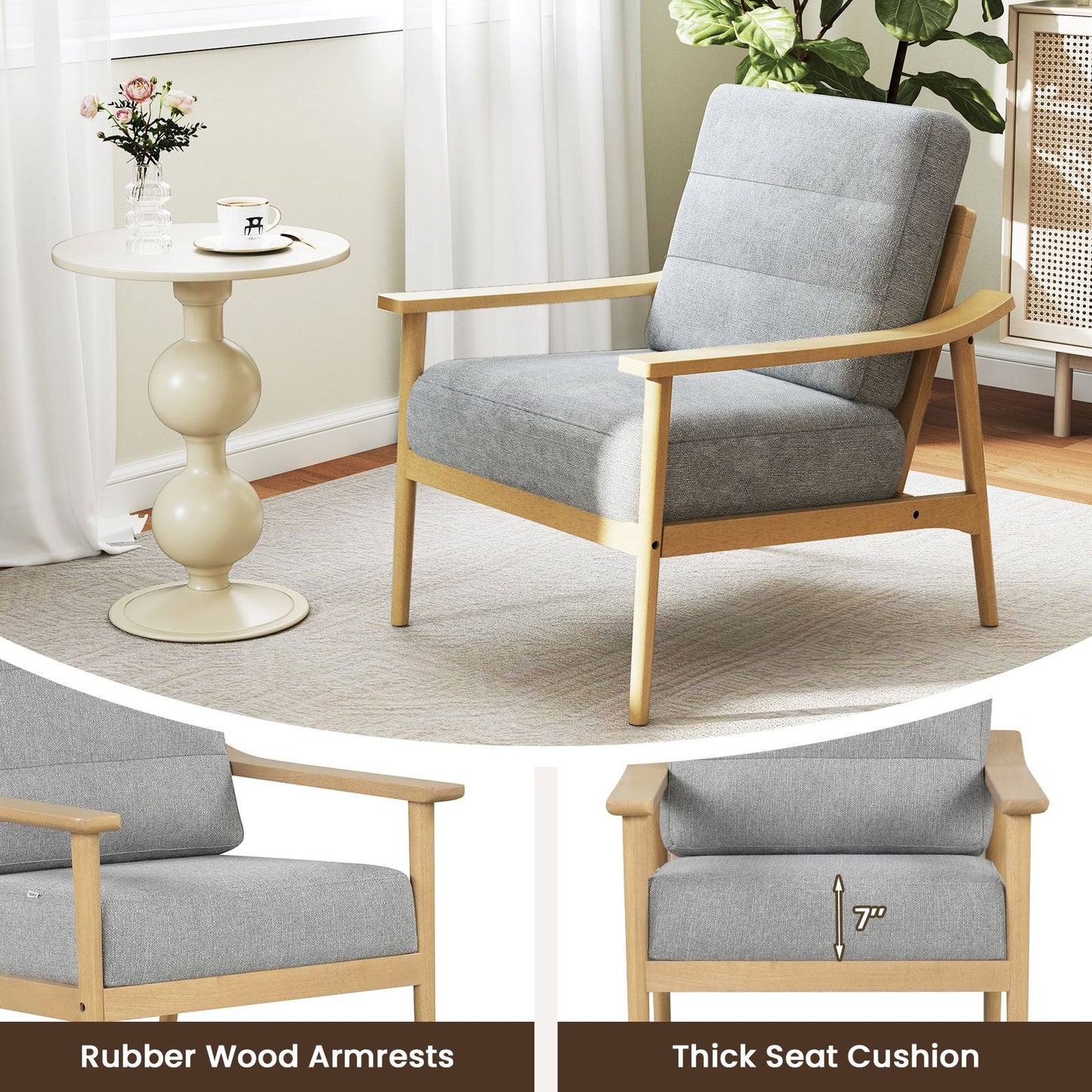 Modern Accent Chair with Rubber Wood Armrests and Legs for Living Room - DelightsDownSouth