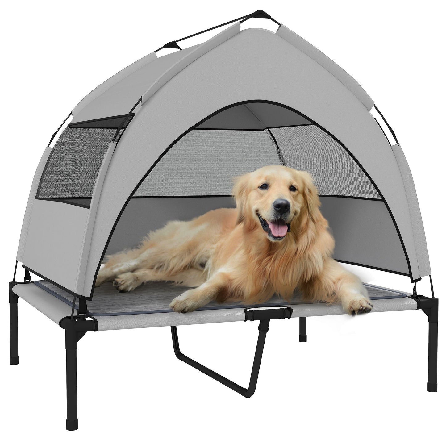 PawHut Elevated Dog Bed with Removable Canopy, Portable Outside Raised Pet Cot with Cooling Pad, Storage Bag, 36" x 29.5" x 35" - DelightsDownSouth
