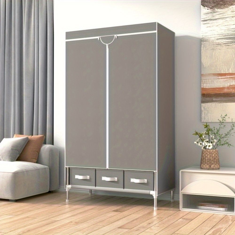 Portable Clothes Closet Rolling Door Wardrobe with Hanging Rack Non - Woven Fabric Storage Organizer with Three Drawer Boxes No - Tool Assembly - 67in*35.4in*17.7in(Gray) - DelightsDownSouth