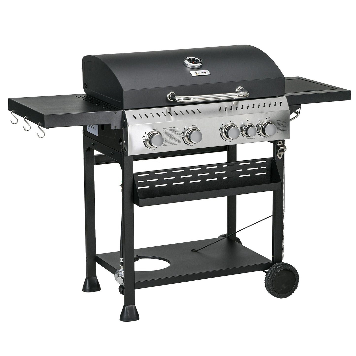 Propane Gas Grill 4+1 Burner 40000 BTU BBQ Trolley with Warming Rack Shelves Bottle Opener Thermometer - DelightsDownSouth