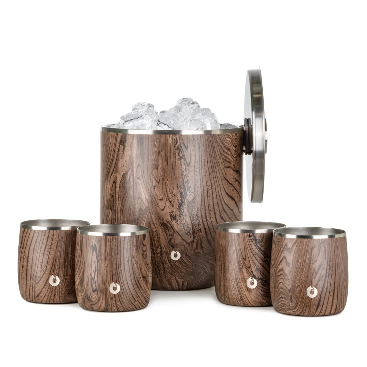 Stainless Steel Ice Bucket with Rocks Glass Set, Dark Walnut - DelightsDownSouth
