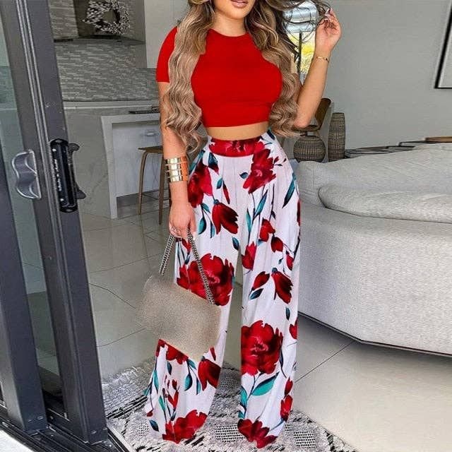 Two Piece Sets Elegant Print Short Sleeve Shirt Pullover Wide Leg Pants Suits - DelightsDownSouth