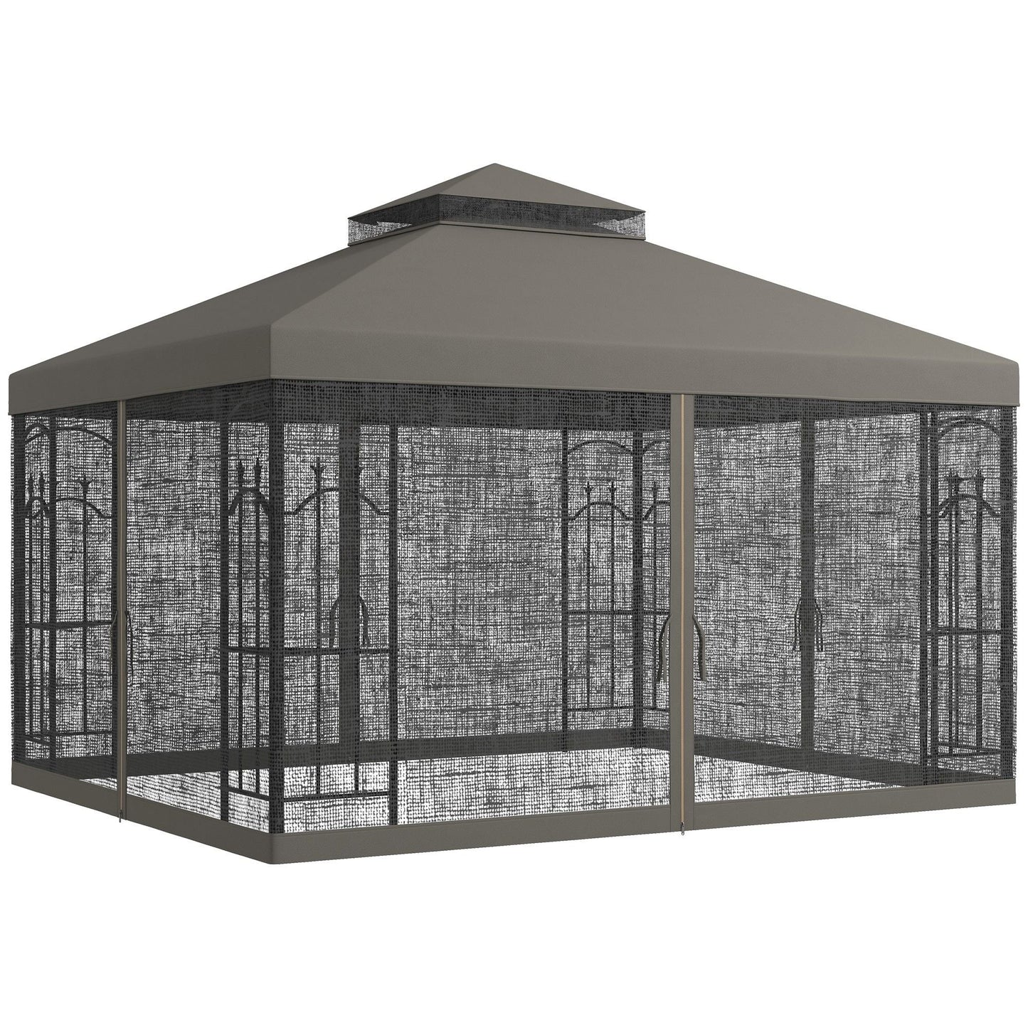 10' x 12' Patio Gazebo with Corner Frame Shelves, Double Roof Outdoor Gazebo Canopy Shelter with Netting, Gray - DelightsDownSouth