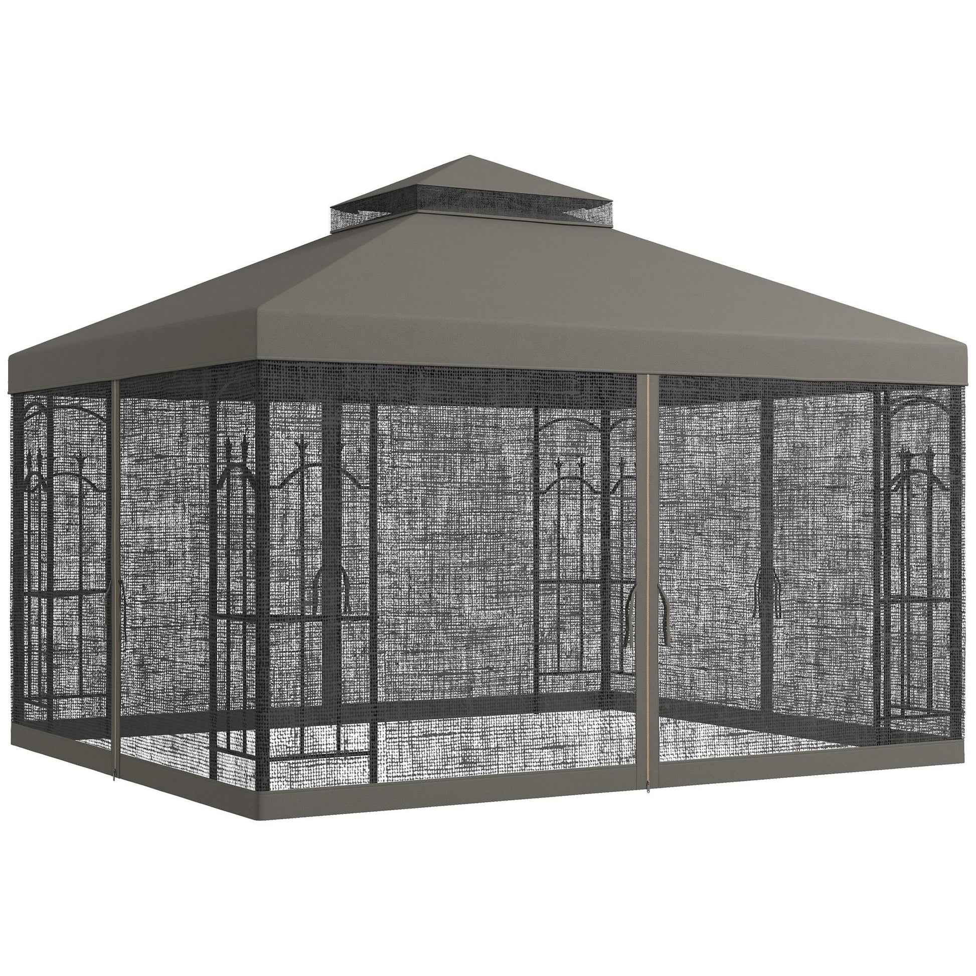 10' x 12' Patio Gazebo with Corner Frame Shelves, Double Roof Outdoor Gazebo Canopy Shelter with Netting, Gray - DelightsDownSouth