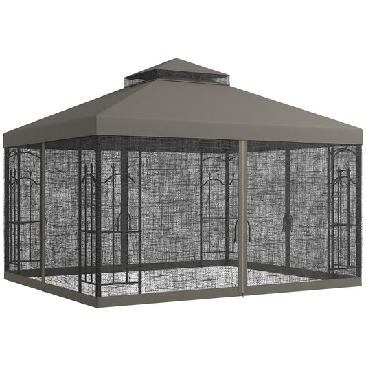 10' x 12' Patio Gazebo with Corner Frame Shelves, Double Roof Outdoor Gazebo Canopy Shelter with Netting, Gray - DelightsDownSouth