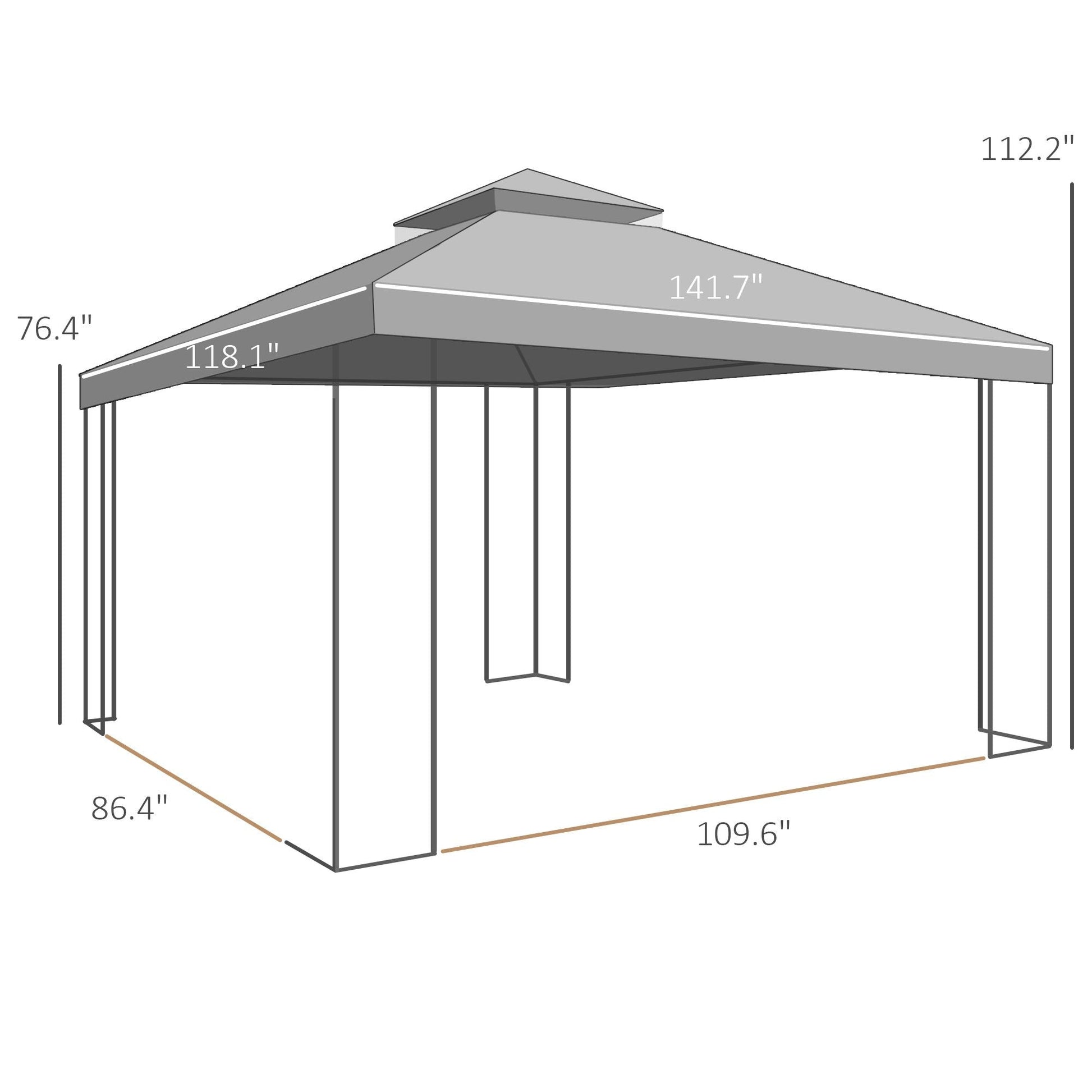 10' x 12' Patio Gazebo with Corner Frame Shelves, Double Roof Outdoor Gazebo Canopy Shelter with Netting, Gray - DelightsDownSouth