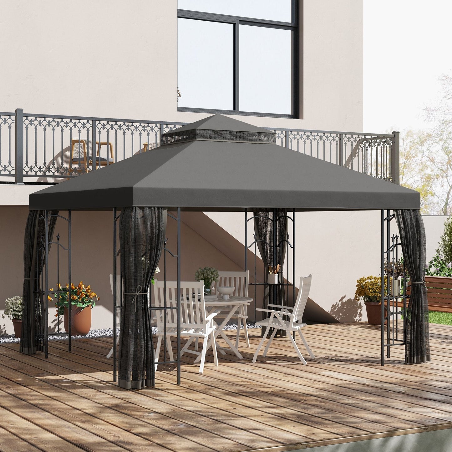 10' x 12' Patio Gazebo with Corner Frame Shelves, Double Roof Outdoor Gazebo Canopy Shelter with Netting, Gray - DelightsDownSouth