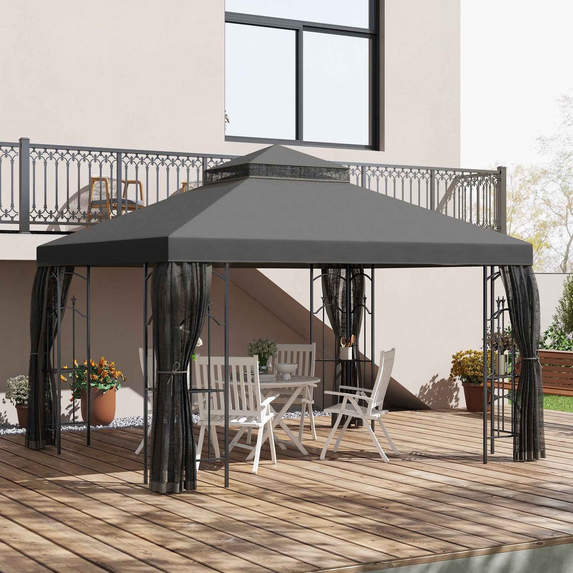 10' x 12' Patio Gazebo with Corner Frame Shelves, Double Roof Outdoor Gazebo Canopy Shelter with Netting, Gray - DelightsDownSouth