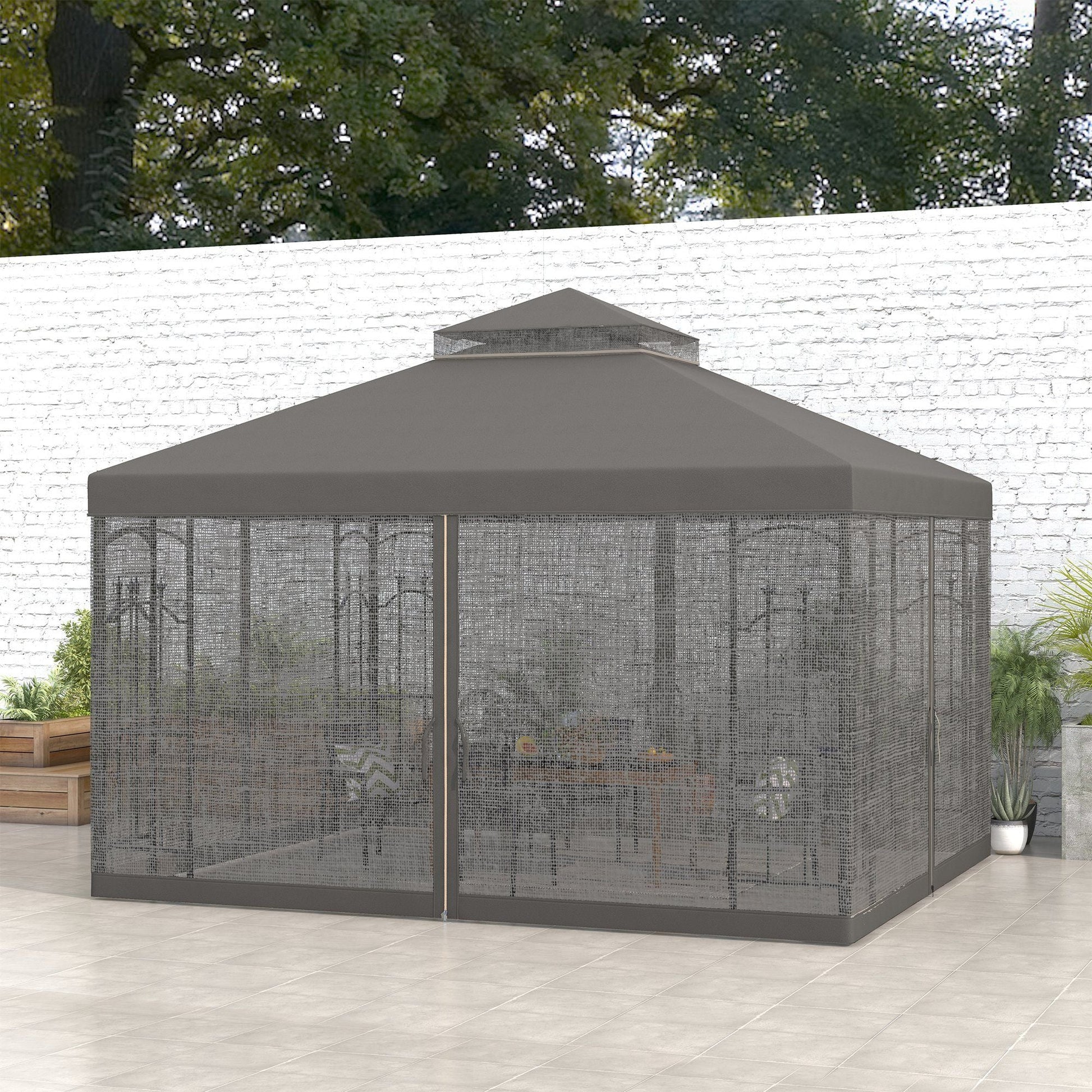 10' x 12' Patio Gazebo with Corner Frame Shelves, Double Roof Outdoor Gazebo Canopy Shelter with Netting, Gray - DelightsDownSouth