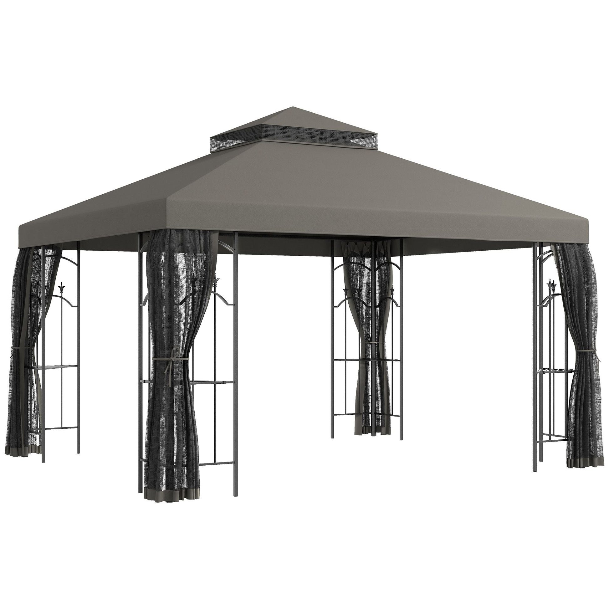 10' x 12' Patio Gazebo with Corner Frame Shelves, Double Roof Outdoor Gazebo Canopy Shelter with Netting, Gray - DelightsDownSouth