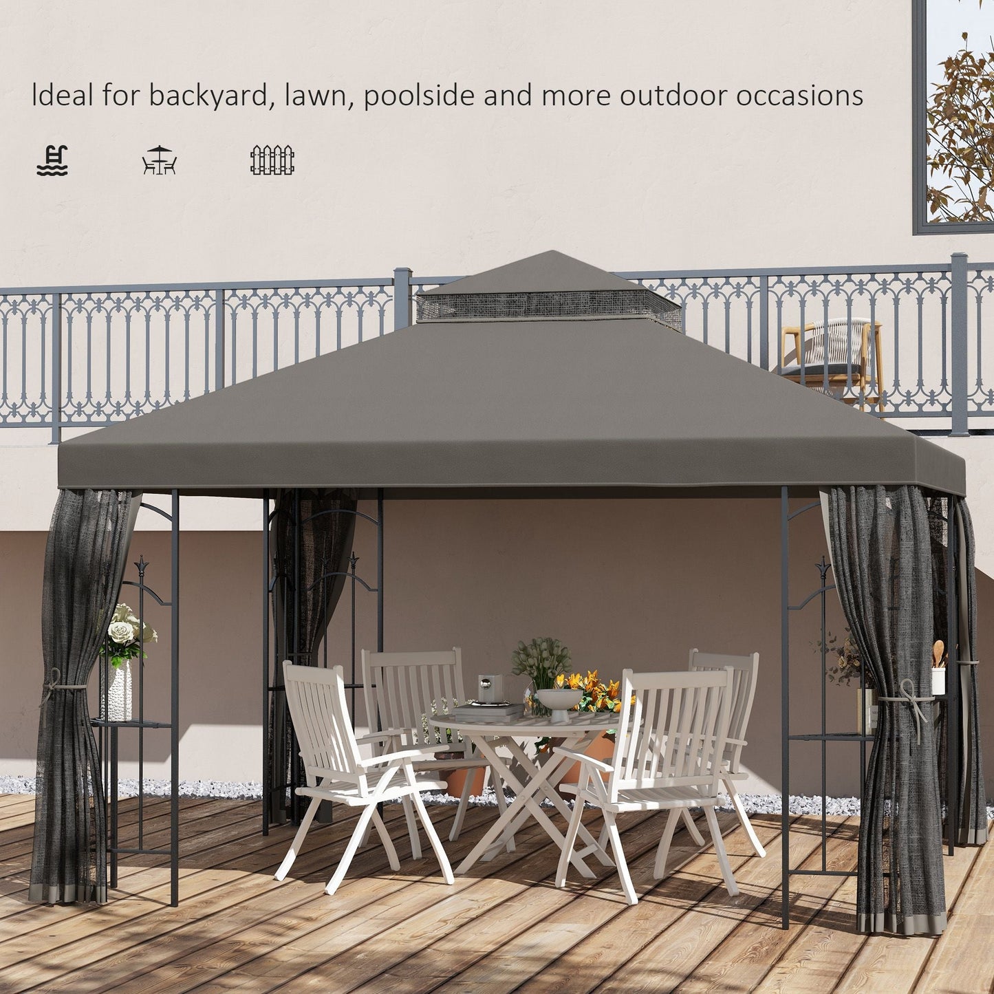10' x 12' Patio Gazebo with Corner Frame Shelves, Double Roof Outdoor Gazebo Canopy Shelter with Netting, Gray - DelightsDownSouth