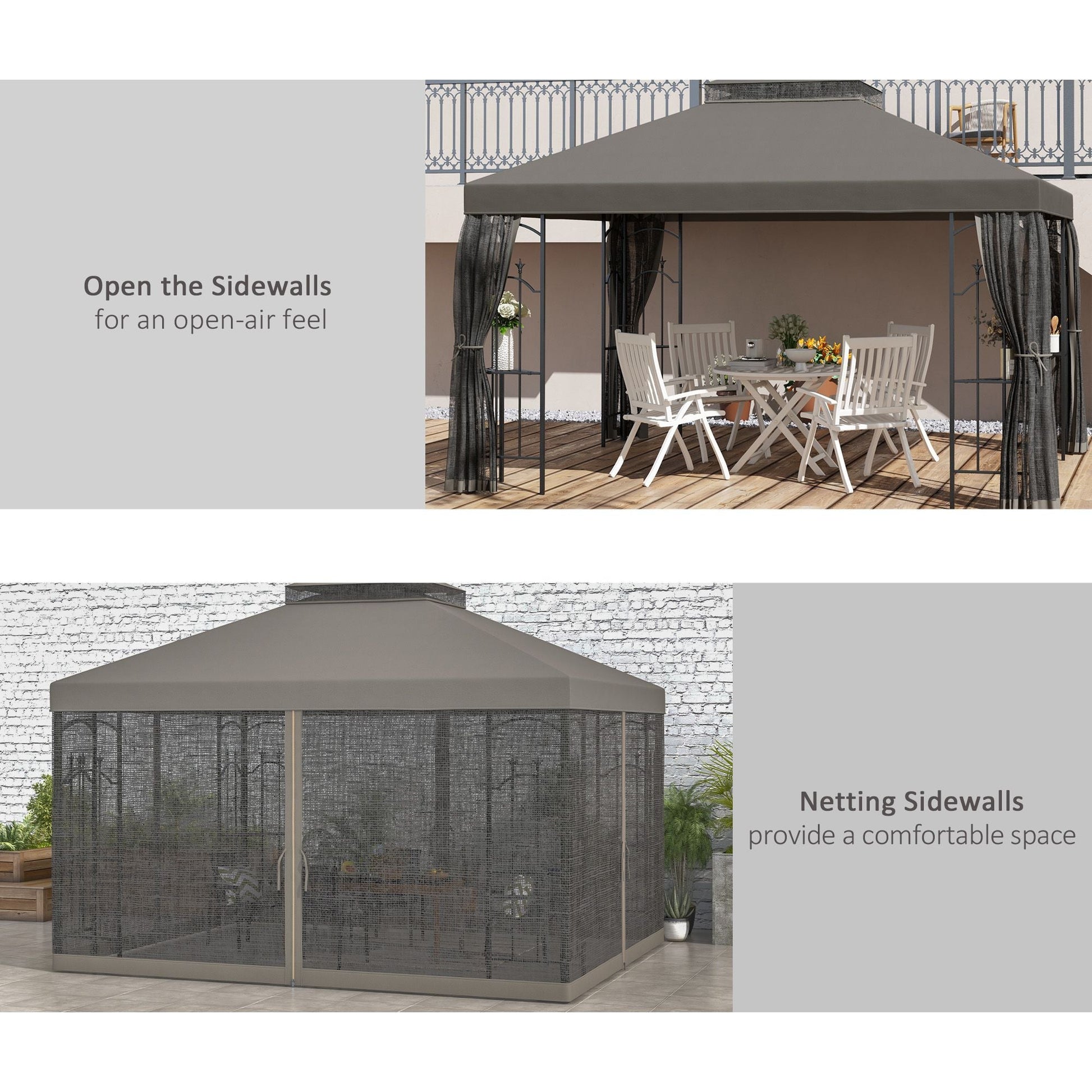 10' x 12' Patio Gazebo with Corner Frame Shelves, Double Roof Outdoor Gazebo Canopy Shelter with Netting, Gray - DelightsDownSouth
