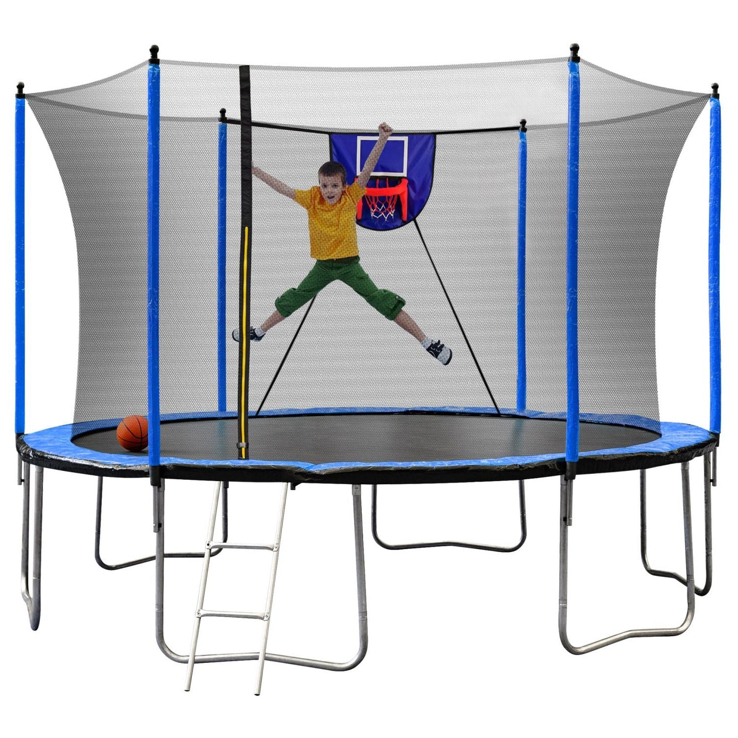 15FT Trampoline with Basketball Hoop Inflator and Ladder, 6pcs extra safety net pole sleeves - Blue - DelightsDownSouth