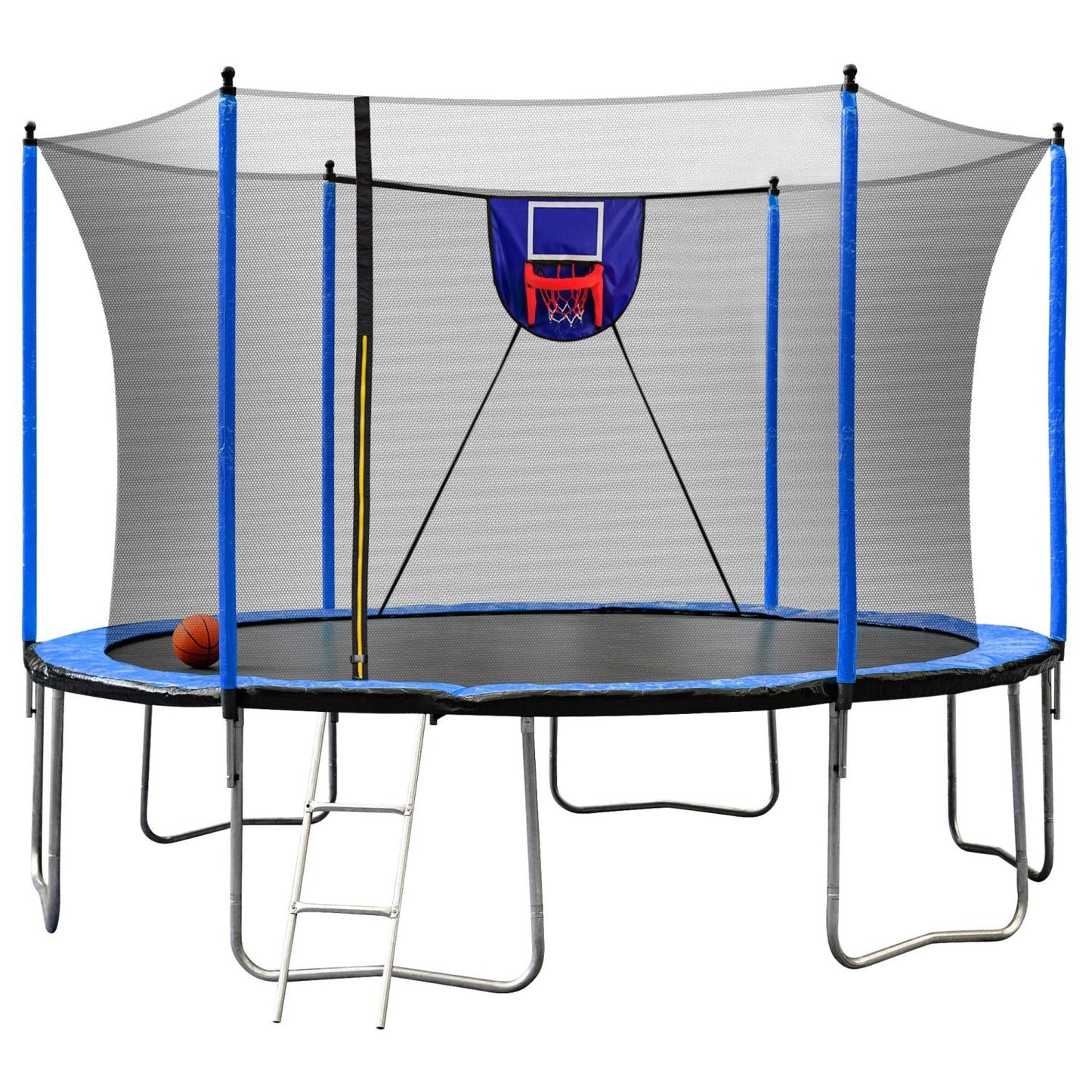 15FT Trampoline with Basketball Hoop Inflator and Ladder, 6pcs extra safety net pole sleeves - Blue - DelightsDownSouth