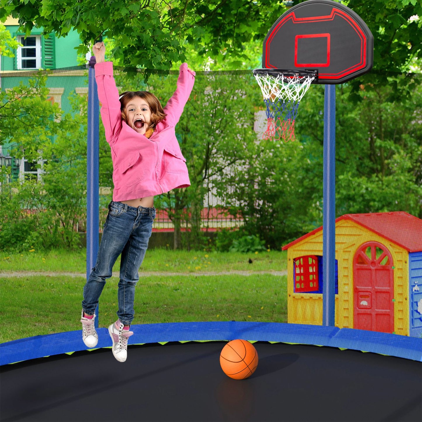 15FT Trampoline with Basketball Hoop Inflator and Ladder, 6pcs extra safety net pole sleeves - Blue - DelightsDownSouth