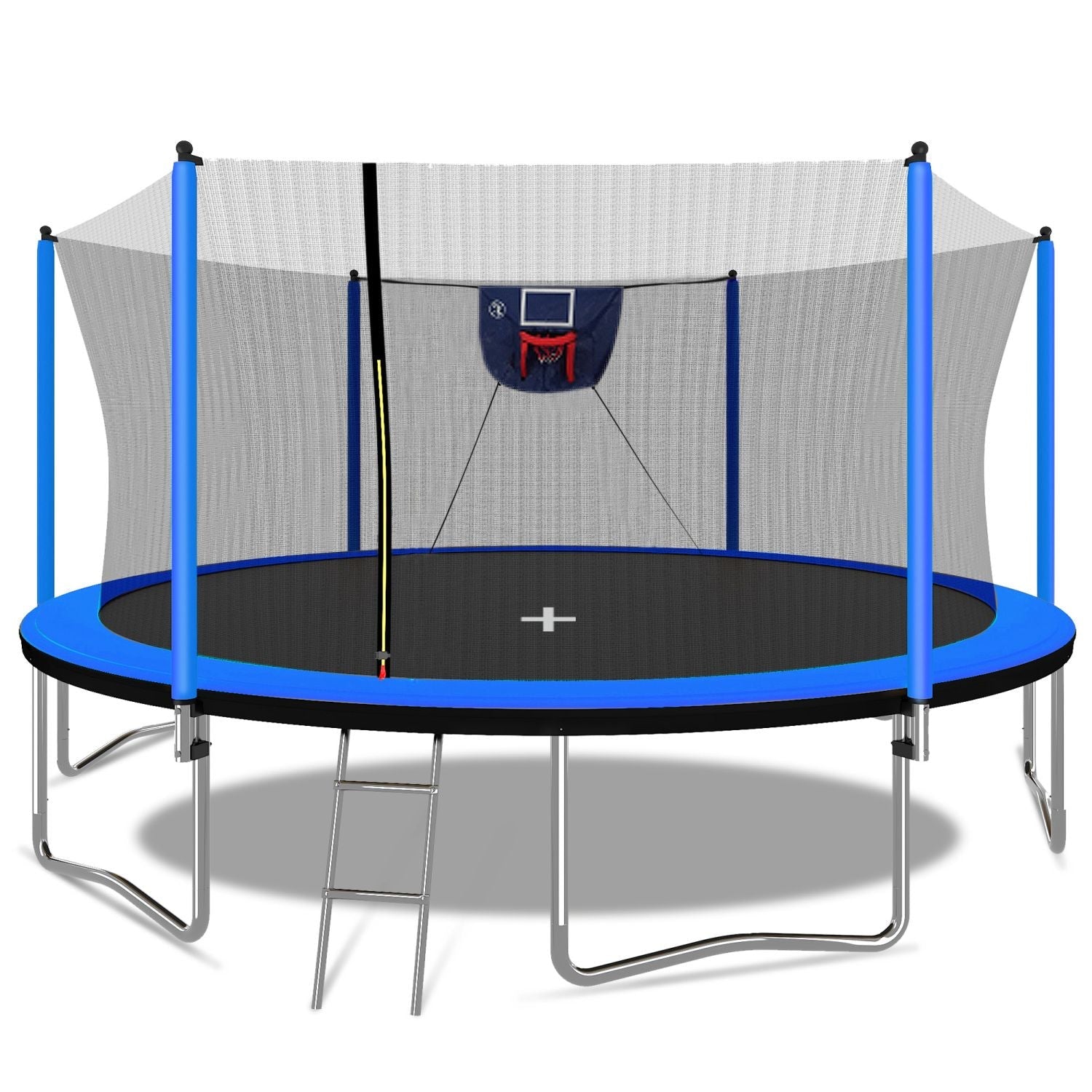 15FT Trampoline with Basketball Hoop Inflator and Ladder, 6pcs extra safety net pole sleeves - Blue - DelightsDownSouth