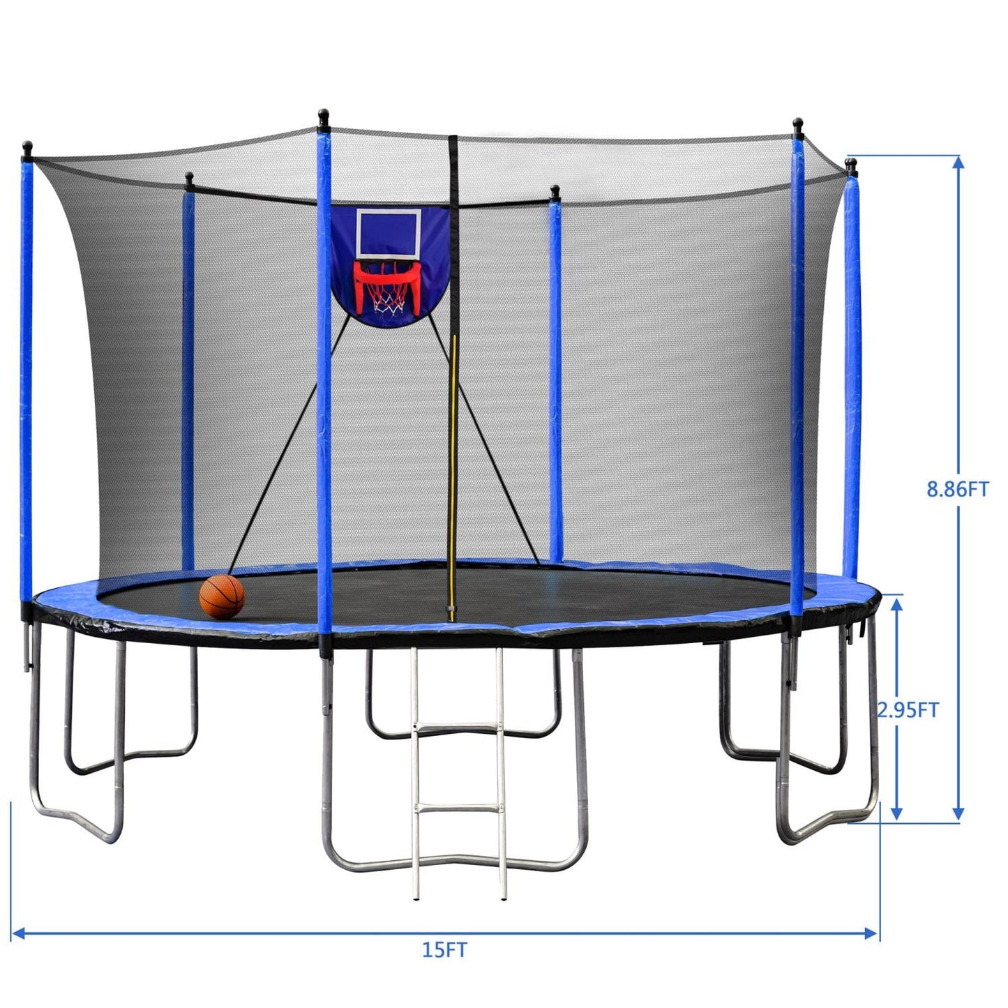 15FT Trampoline with Basketball Hoop Inflator and Ladder, 6pcs extra safety net pole sleeves - Blue - DelightsDownSouth