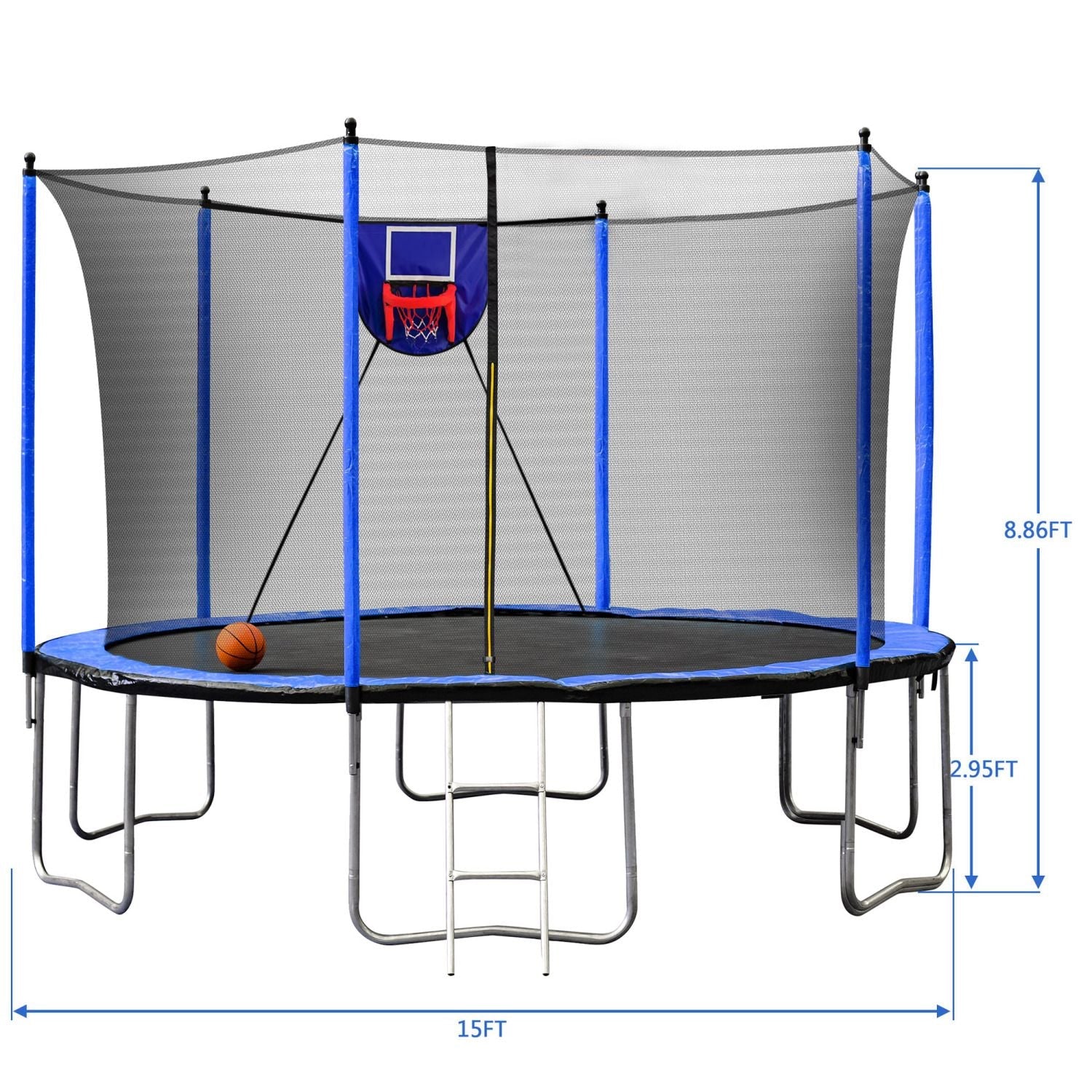 15FT Trampoline with Basketball Hoop Inflator and Ladder, 6pcs extra safety net pole sleeves - Blue - DelightsDownSouth
