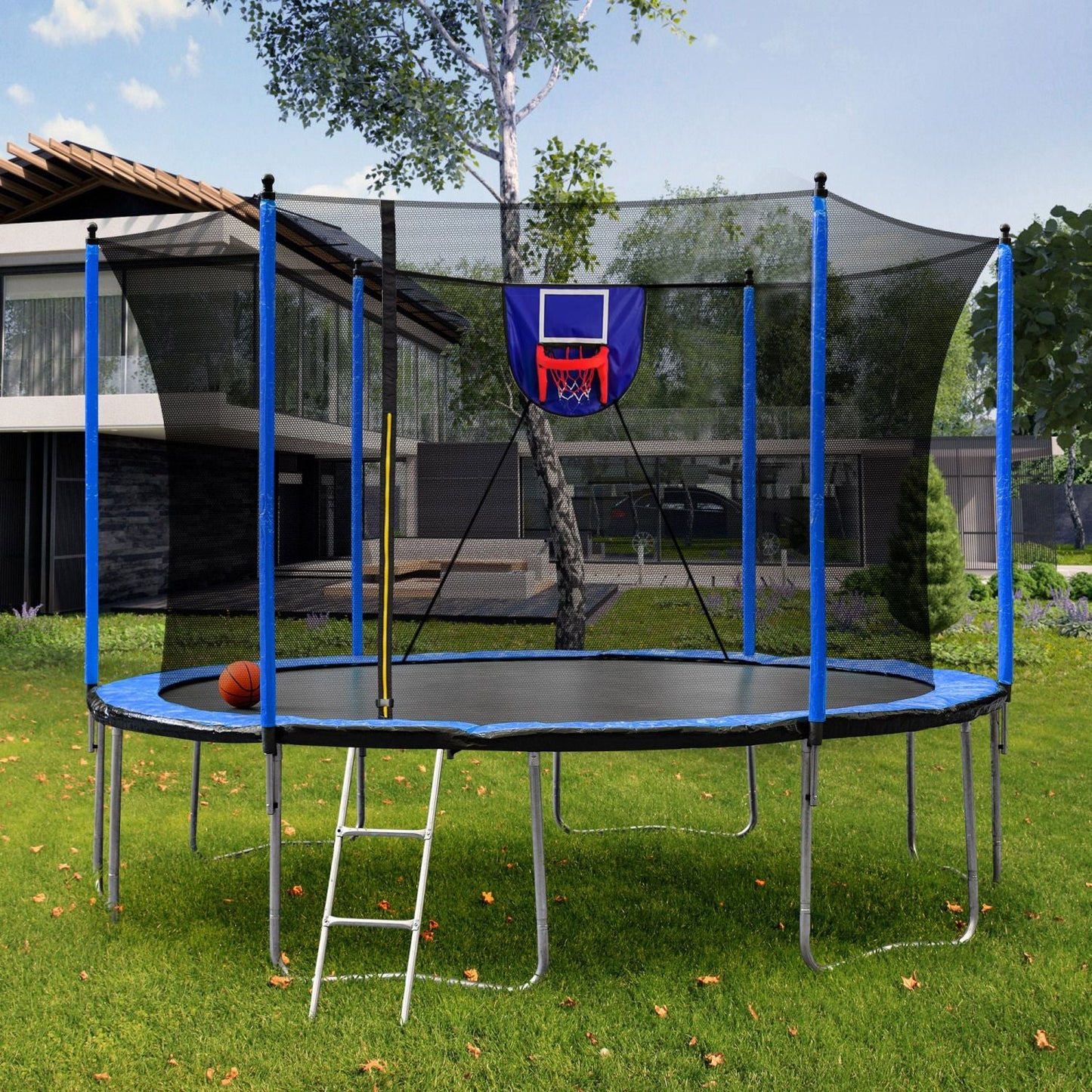 15FT Trampoline with Basketball Hoop Inflator and Ladder, 6pcs extra safety net pole sleeves - Blue - DelightsDownSouth