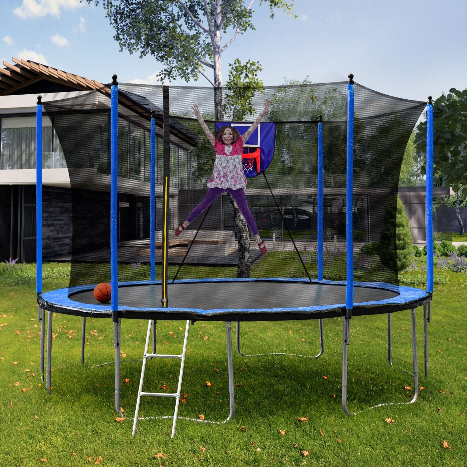 15FT Trampoline with Basketball Hoop Inflator and Ladder, 6pcs extra safety net pole sleeves - Blue - DelightsDownSouth