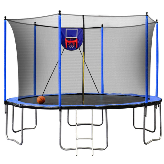 15FT Trampoline with Basketball Hoop Inflator and Ladder, 6pcs extra safety net pole sleeves - Blue - DelightsDownSouth