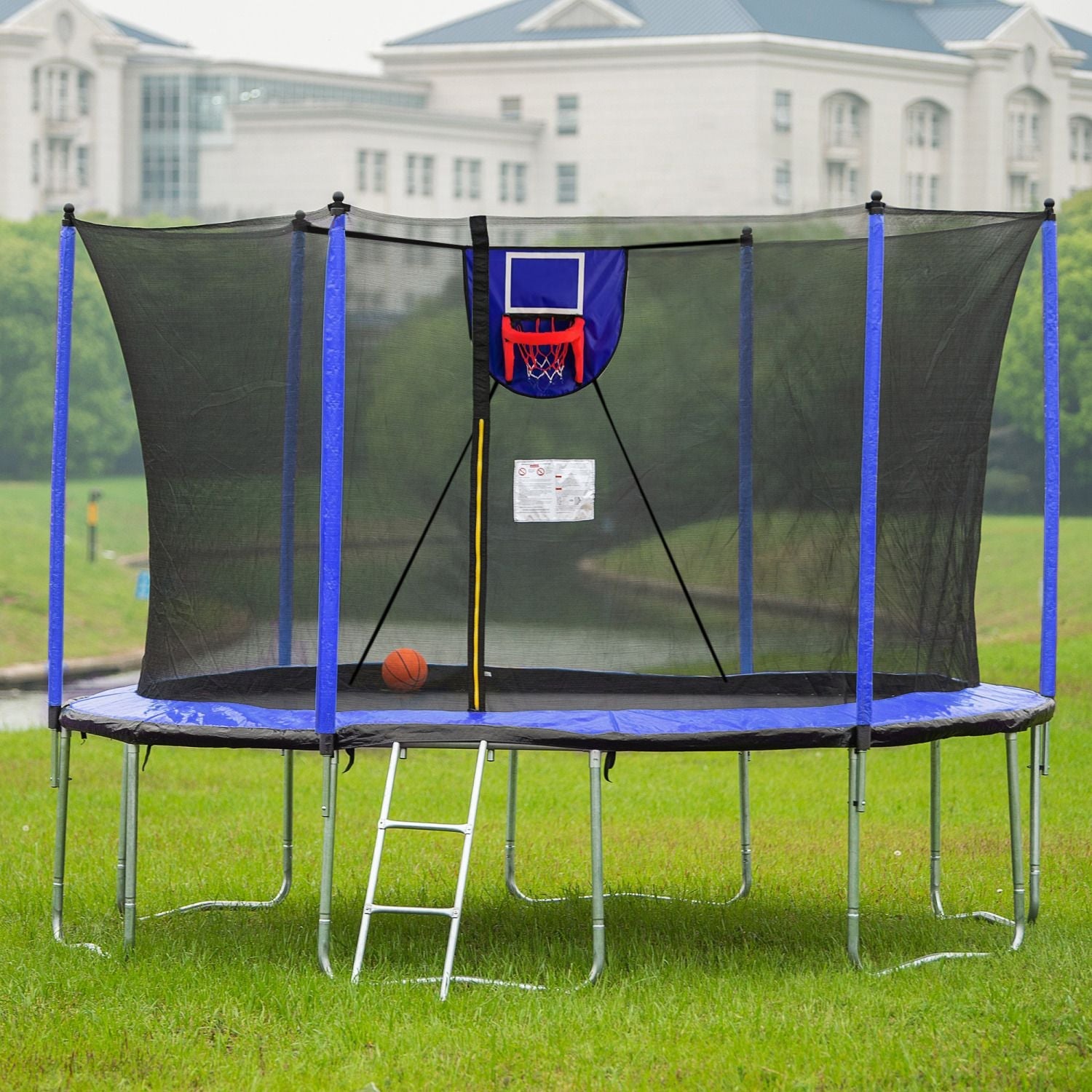 15FT Trampoline with Basketball Hoop Inflator and Ladder, 6pcs extra safety net pole sleeves - Blue - DelightsDownSouth
