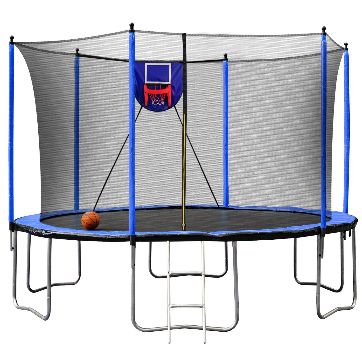 15FT Trampoline with Basketball Hoop Inflator and Ladder, 6pcs extra safety net pole sleeves - Blue - DelightsDownSouth