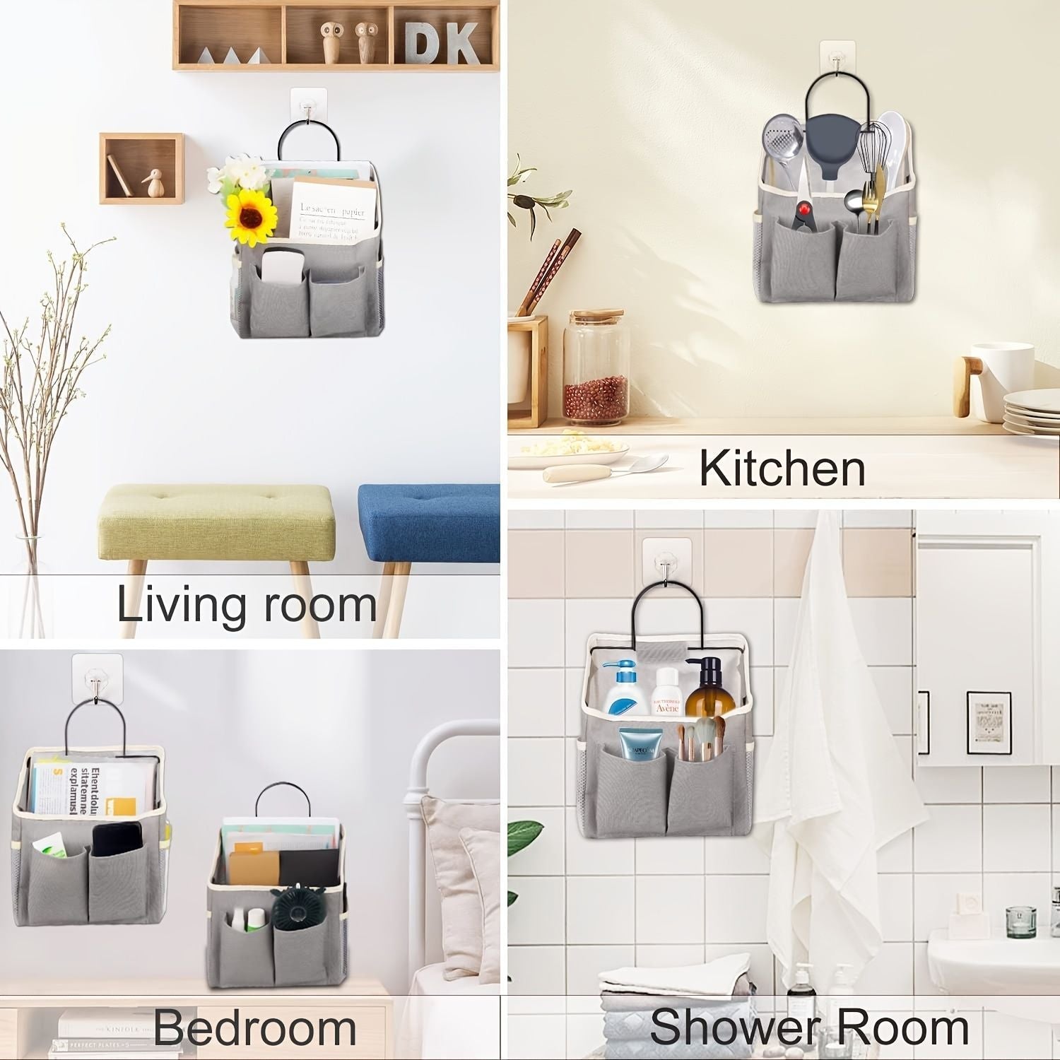 1pc Hanging Storage Bag; Wall Hanging Organiser Basket With Bathroom Pocket; Bedroom; Kitchen; Dormitory Dormitory; Essentials; RV Storage And Organization (Gray) - DelightsDownSouth