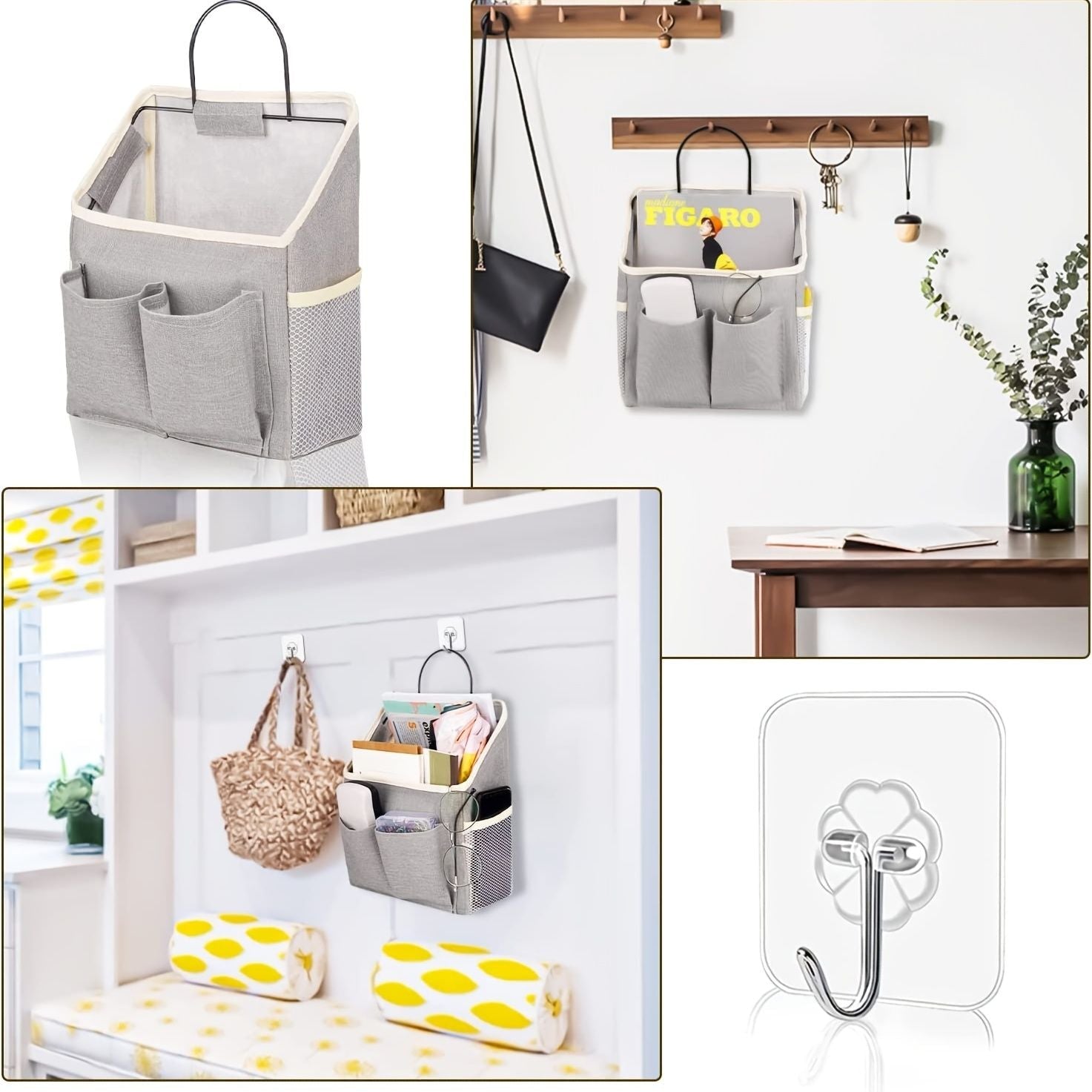 1pc Hanging Storage Bag; Wall Hanging Organiser Basket With Bathroom Pocket; Bedroom; Kitchen; Dormitory Dormitory; Essentials; RV Storage And Organization (Gray) - DelightsDownSouth