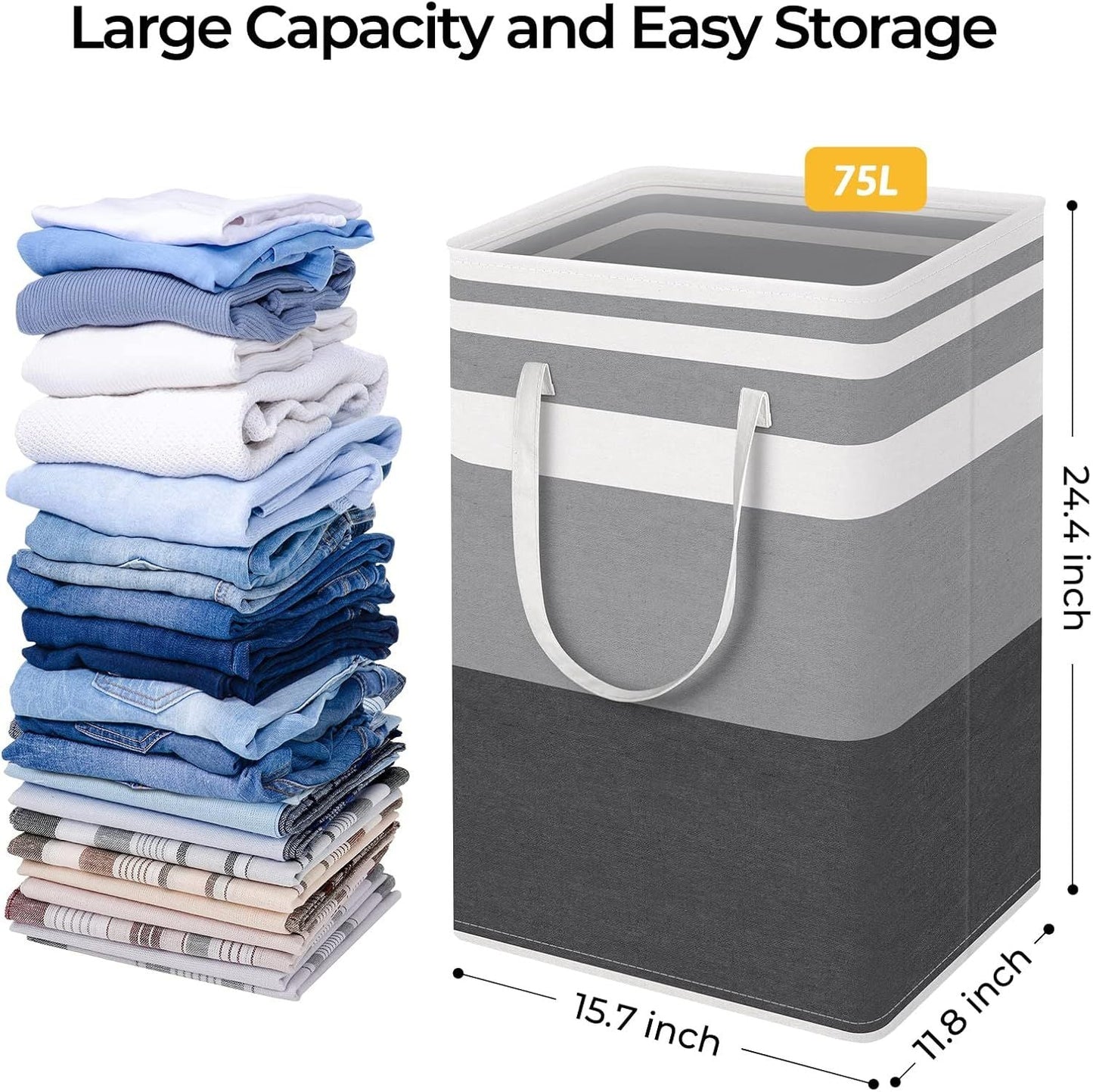 2 Pack Large Laundry Baskets, Waterproof, Freestanding Laundry Hampers, Collapsible Clothes Hamper with Reinforced Handles in Laundry Room, College Dorm, Bathroom, Bedroom (Grey, 75Lx2) - DelightsDownSouth