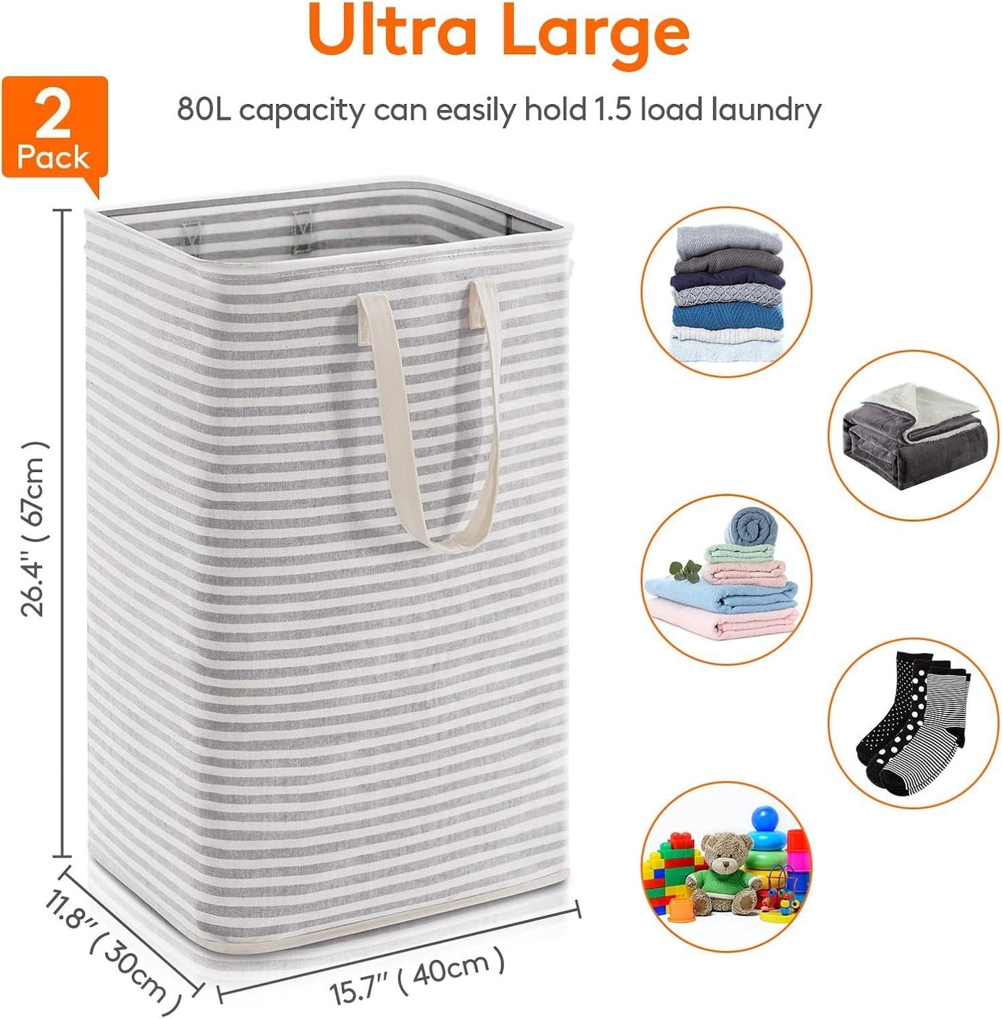 2 Pack Laundry Hamper Large Collapsible Laundry Baskets, Freestanding Waterproof Clothes Hamper with Easy Carry Handles in Laundry Room Bedroom Bathroom College Dorm, Grey, 2 x 80L - DelightsDownSouth