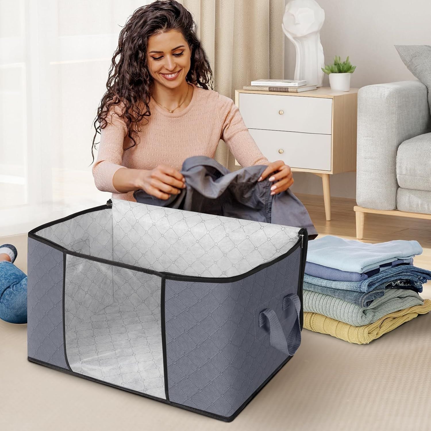 2 Pack Laundry Hamper Large Collapsible Laundry Baskets, Freestanding Waterproof Clothes Hamper with Easy Carry Handles in Laundry Room Bedroom Bathroom College Dorm, GreyBlue, 2 x 80L - DelightsDownSouth