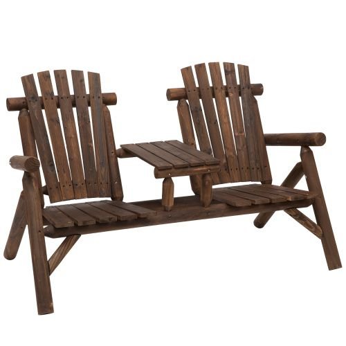 2 - Seat Wooden Adirondack Chair, Patio Bench with Table, Outdoor Loveseat Fire Pit Chair for Porch, Backyard, Deck, Carbonized - DelightsDownSouth
