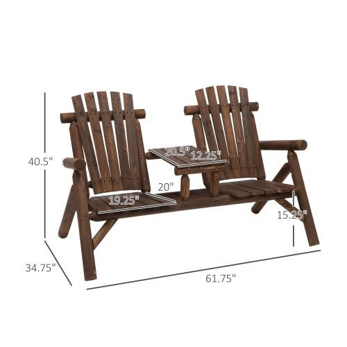 2 - Seat Wooden Adirondack Chair, Patio Bench with Table, Outdoor Loveseat Fire Pit Chair for Porch, Backyard, Deck, Carbonized - DelightsDownSouth