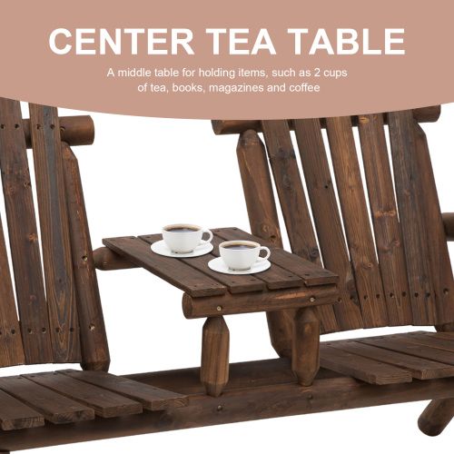 2 - Seat Wooden Adirondack Chair, Patio Bench with Table, Outdoor Loveseat Fire Pit Chair for Porch, Backyard, Deck, Carbonized - DelightsDownSouth