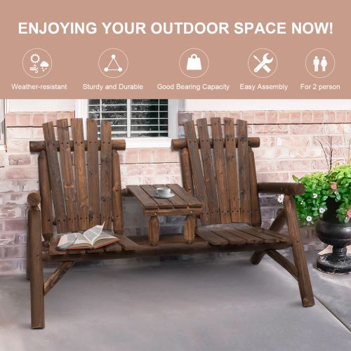 2 - Seat Wooden Adirondack Chair, Patio Bench with Table, Outdoor Loveseat Fire Pit Chair for Porch, Backyard, Deck, Carbonized - DelightsDownSouth