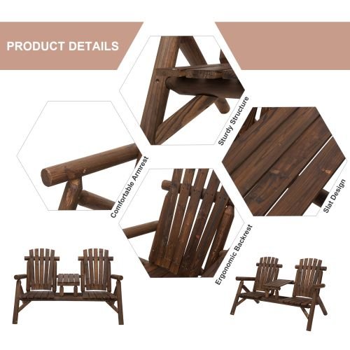 2 - Seat Wooden Adirondack Chair, Patio Bench with Table, Outdoor Loveseat Fire Pit Chair for Porch, Backyard, Deck, Carbonized - DelightsDownSouth