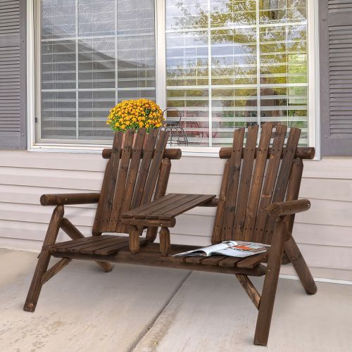 2 - Seat Wooden Adirondack Chair, Patio Bench with Table, Outdoor Loveseat Fire Pit Chair for Porch, Backyard, Deck, Carbonized - DelightsDownSouth