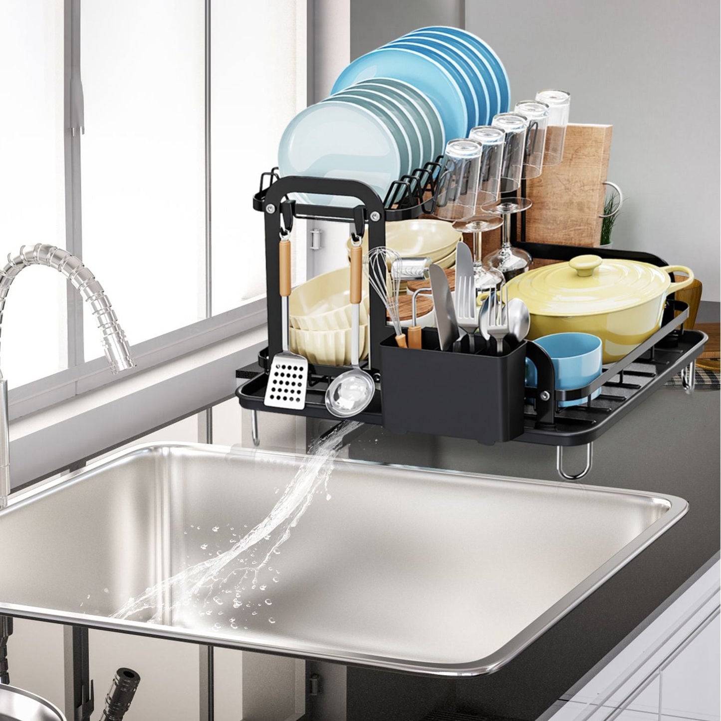 2 - Tier Dish Drying Rack for Kitchen Counter Space Saving Rustproof Dish Rack with Drainboard Detachable Kitchen Drainer Organizer Set with Utensil Holder Bowl Rack Dish Rack Chopping Board Rack - DelightsDownSouth