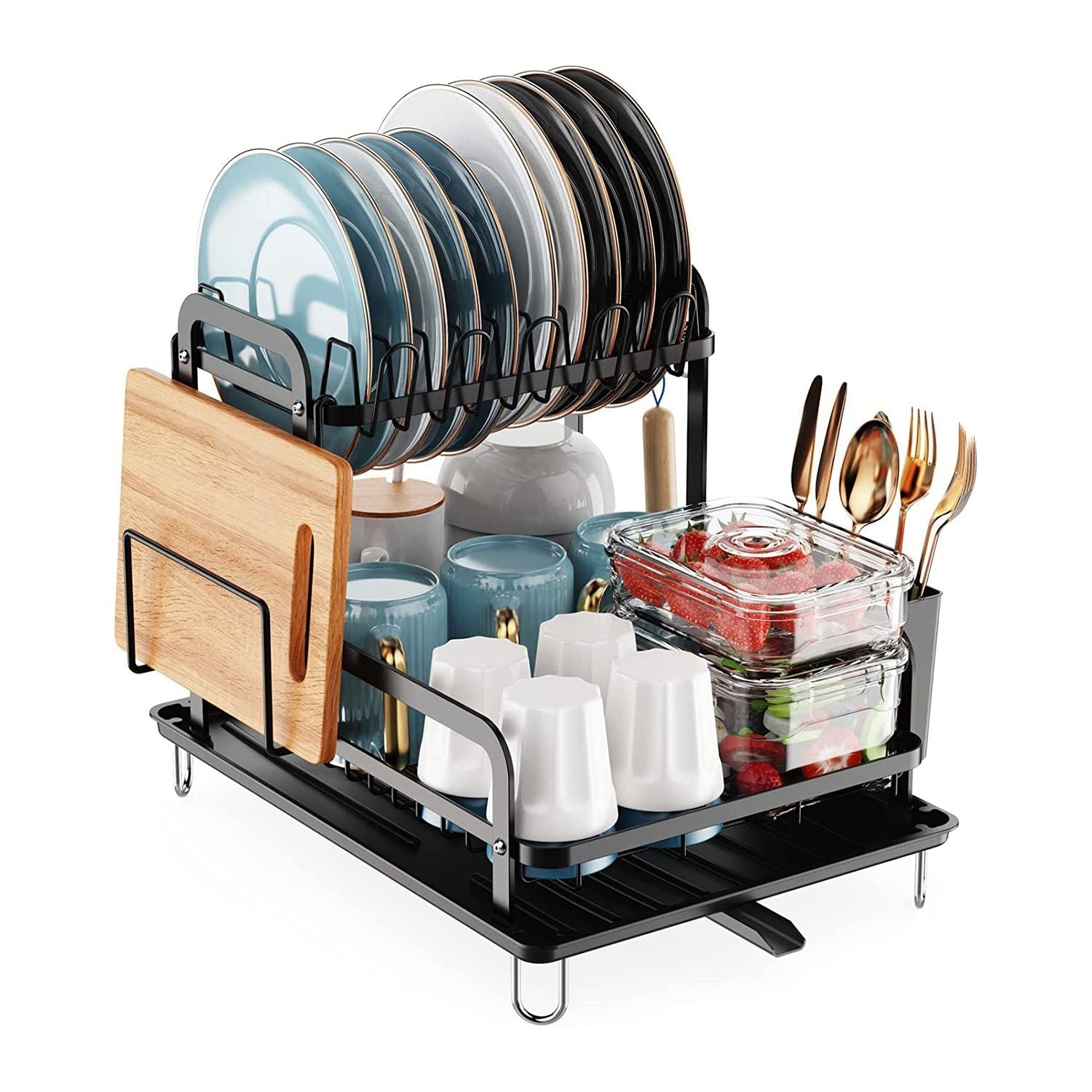 2 - Tier Dish Drying Rack for Kitchen Counter Space Saving Rustproof Dish Rack with Drainboard Detachable Kitchen Drainer Organizer Set with Utensil Holder Bowl Rack Dish Rack Chopping Board Rack - DelightsDownSouth