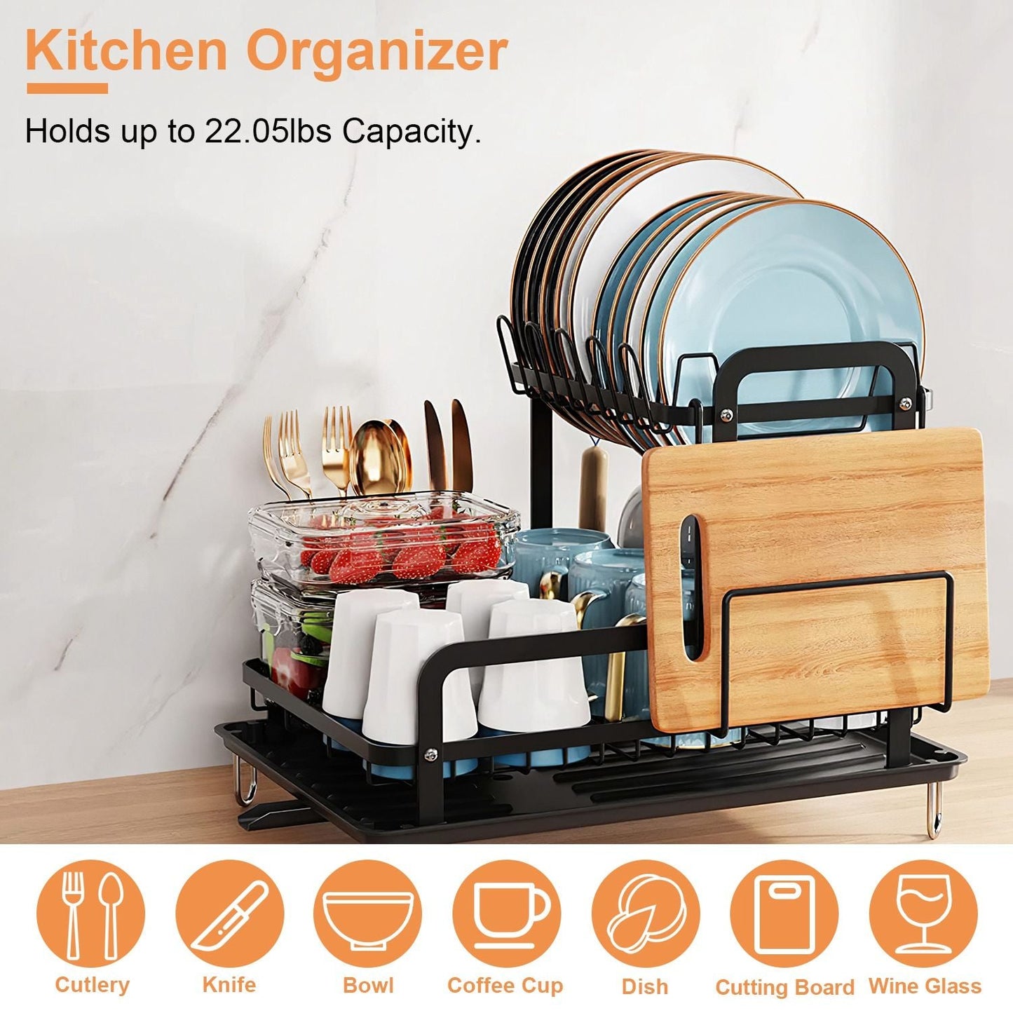 2 - Tier Dish Drying Rack for Kitchen Counter Space Saving Rustproof Dish Rack with Drainboard Detachable Kitchen Drainer Organizer Set with Utensil Holder Bowl Rack Dish Rack Chopping Board Rack - DelightsDownSouth