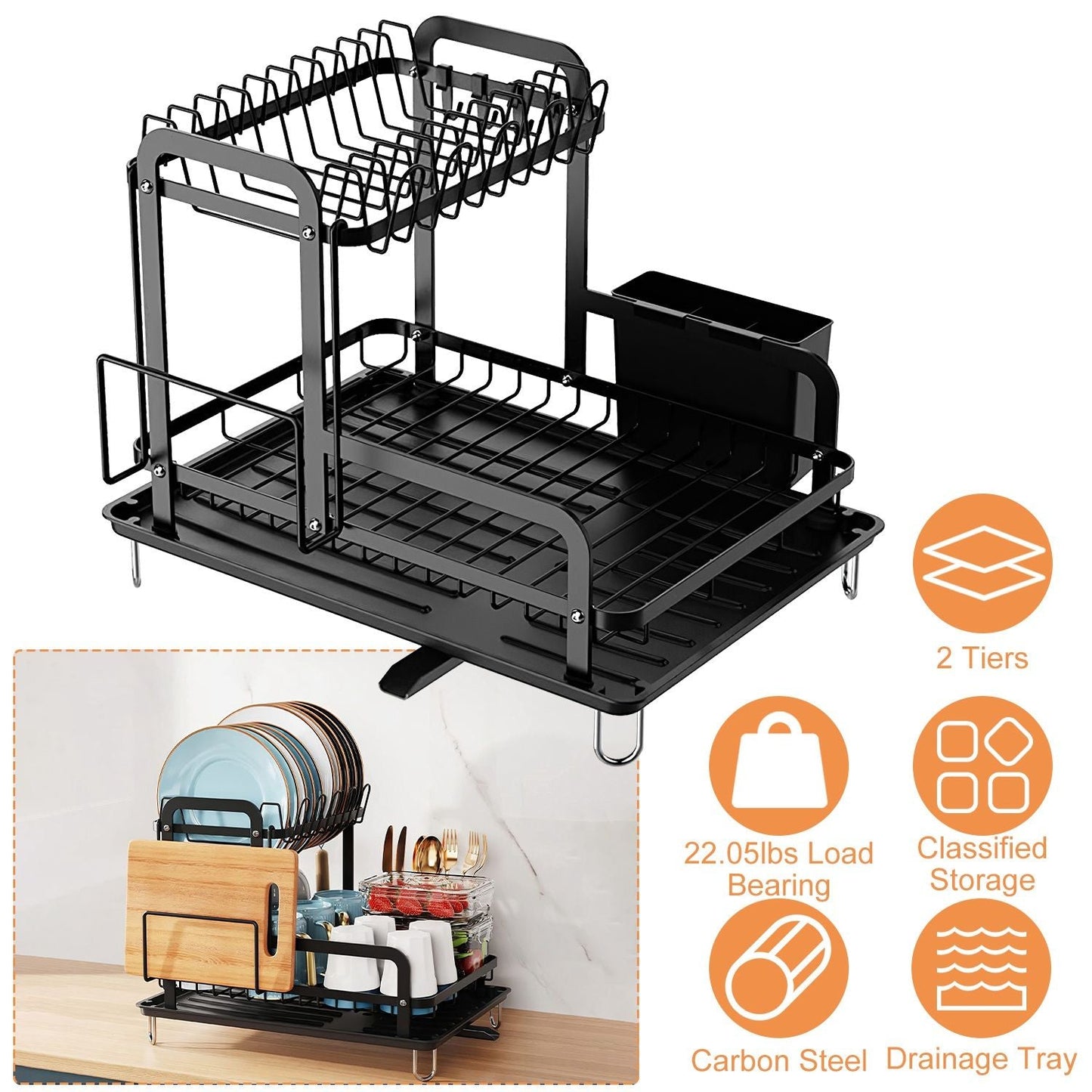 2 - Tier Dish Drying Rack for Kitchen Counter Space Saving Rustproof Dish Rack with Drainboard Detachable Kitchen Drainer Organizer Set with Utensil Holder Bowl Rack Dish Rack Chopping Board Rack - DelightsDownSouth