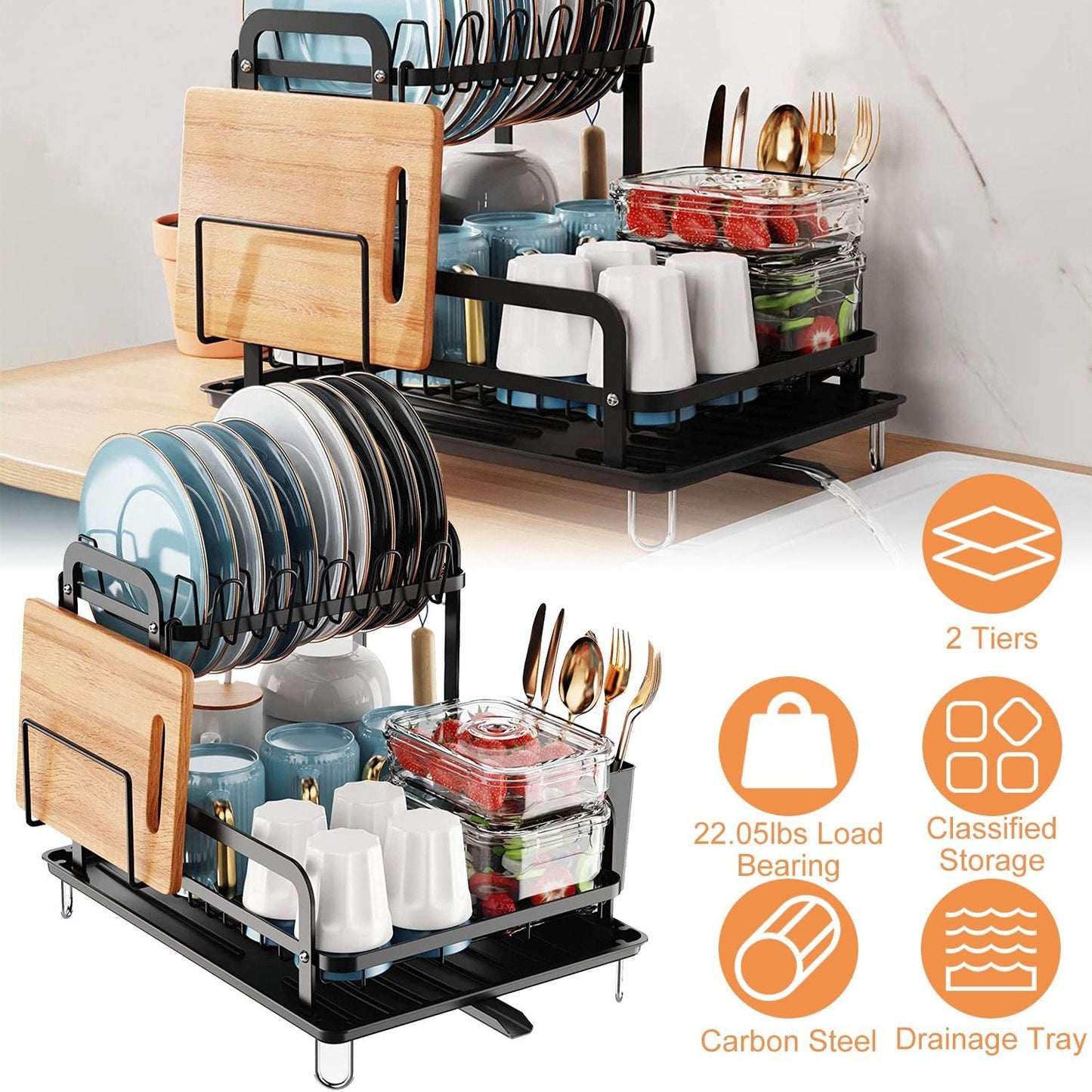 2 - Tier Dish Drying Rack for Kitchen Counter Space Saving Rustproof Dish Rack with Drainboard Detachable Kitchen Drainer Organizer Set with Utensil Holder Bowl Rack Dish Rack Chopping Board Rack - DelightsDownSouth