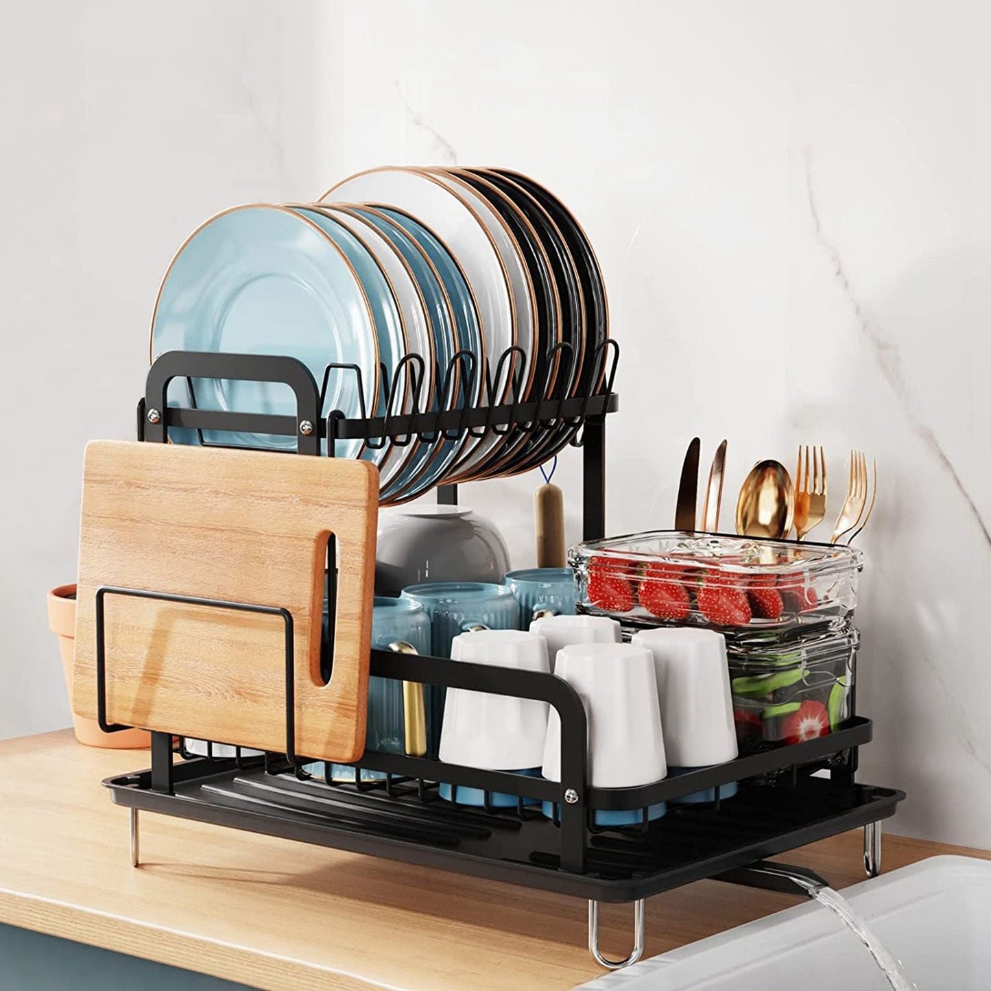2 - Tier Dish Drying Rack for Kitchen Counter Space Saving Rustproof Dish Rack with Drainboard Detachable Kitchen Drainer Organizer Set with Utensil Holder Bowl Rack Dish Rack Chopping Board Rack - DelightsDownSouth
